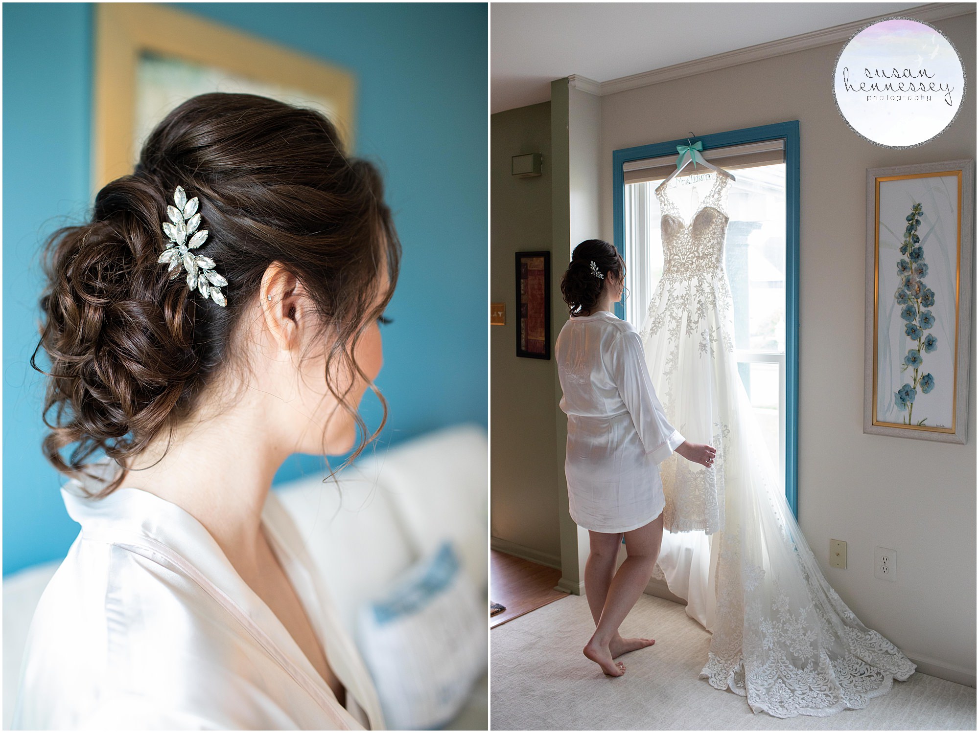 A detail photo of a bride's hair piece and her wedding dress hanging in the window.