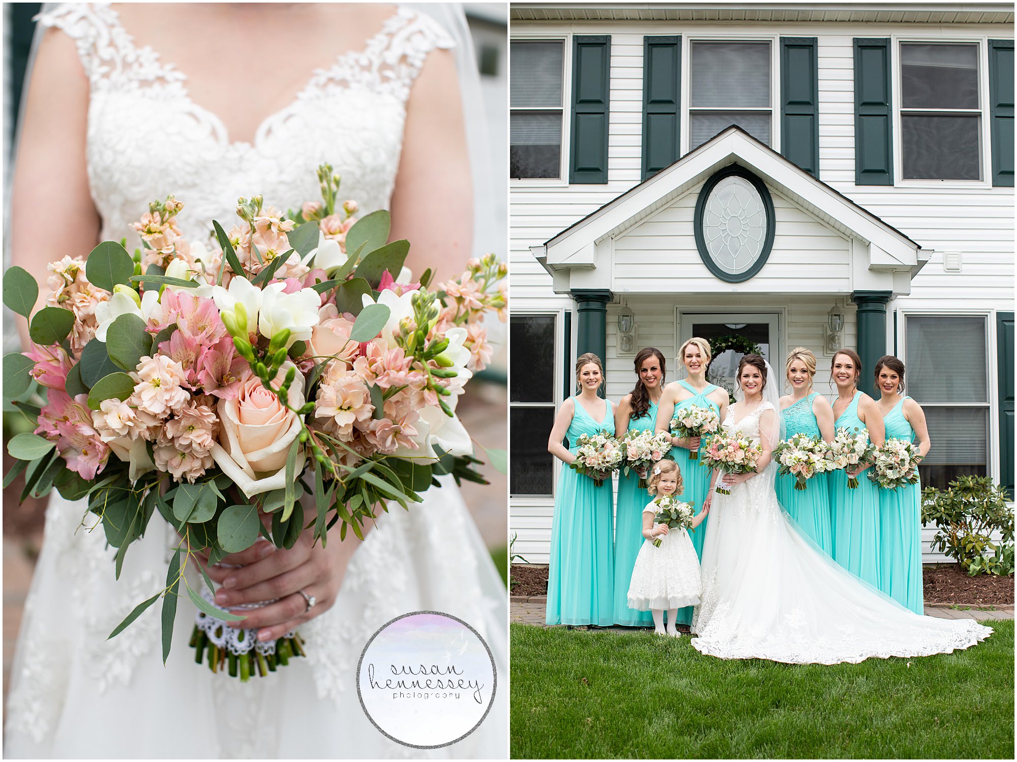 A bride and her Bridal bouquet and bridesmaids in "spa" by david's bridal