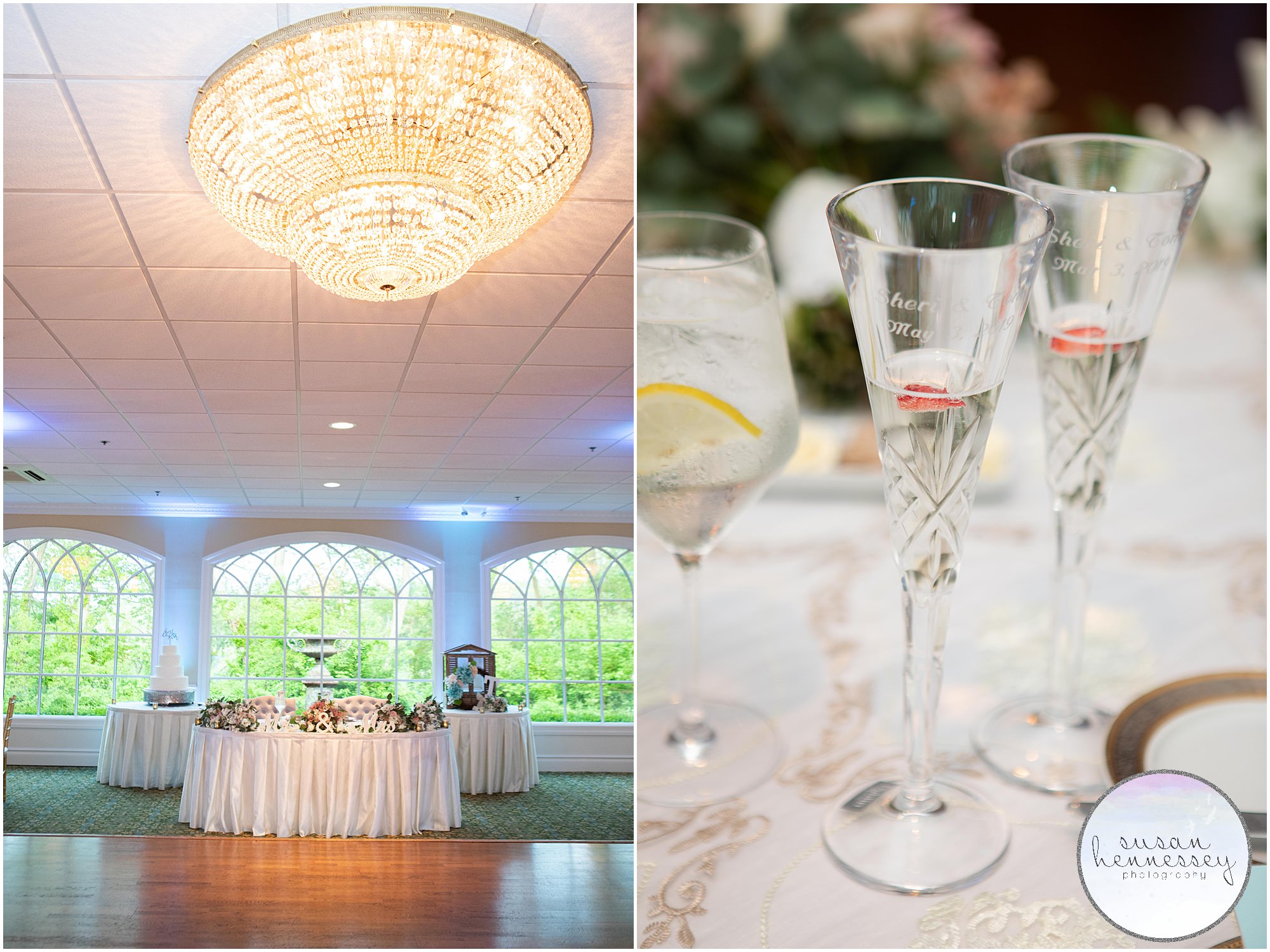 Details of the sweetheart table and custom champagne flutes