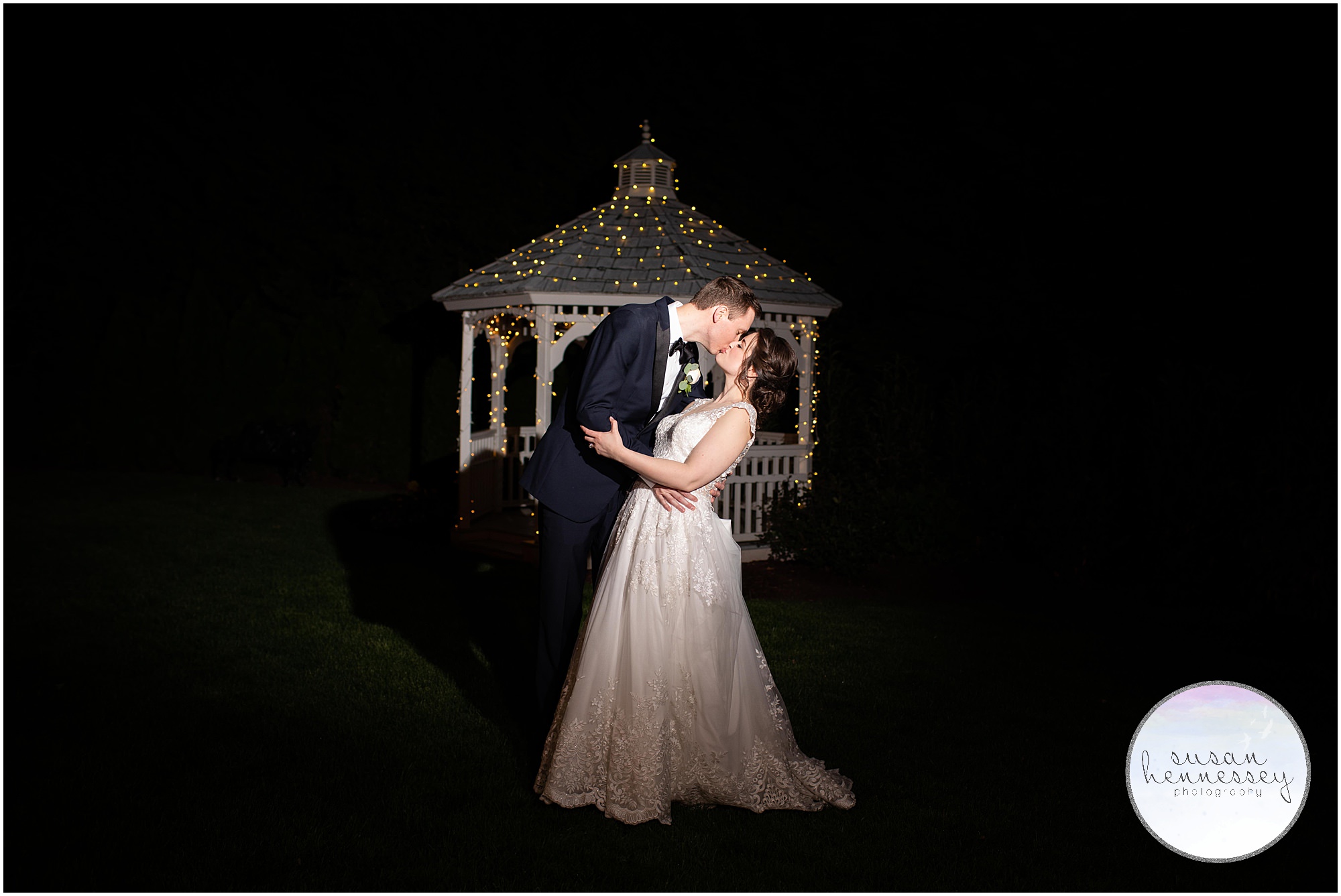 Romantic night portrait in front of the gazebo at the Bradford Estate wedding