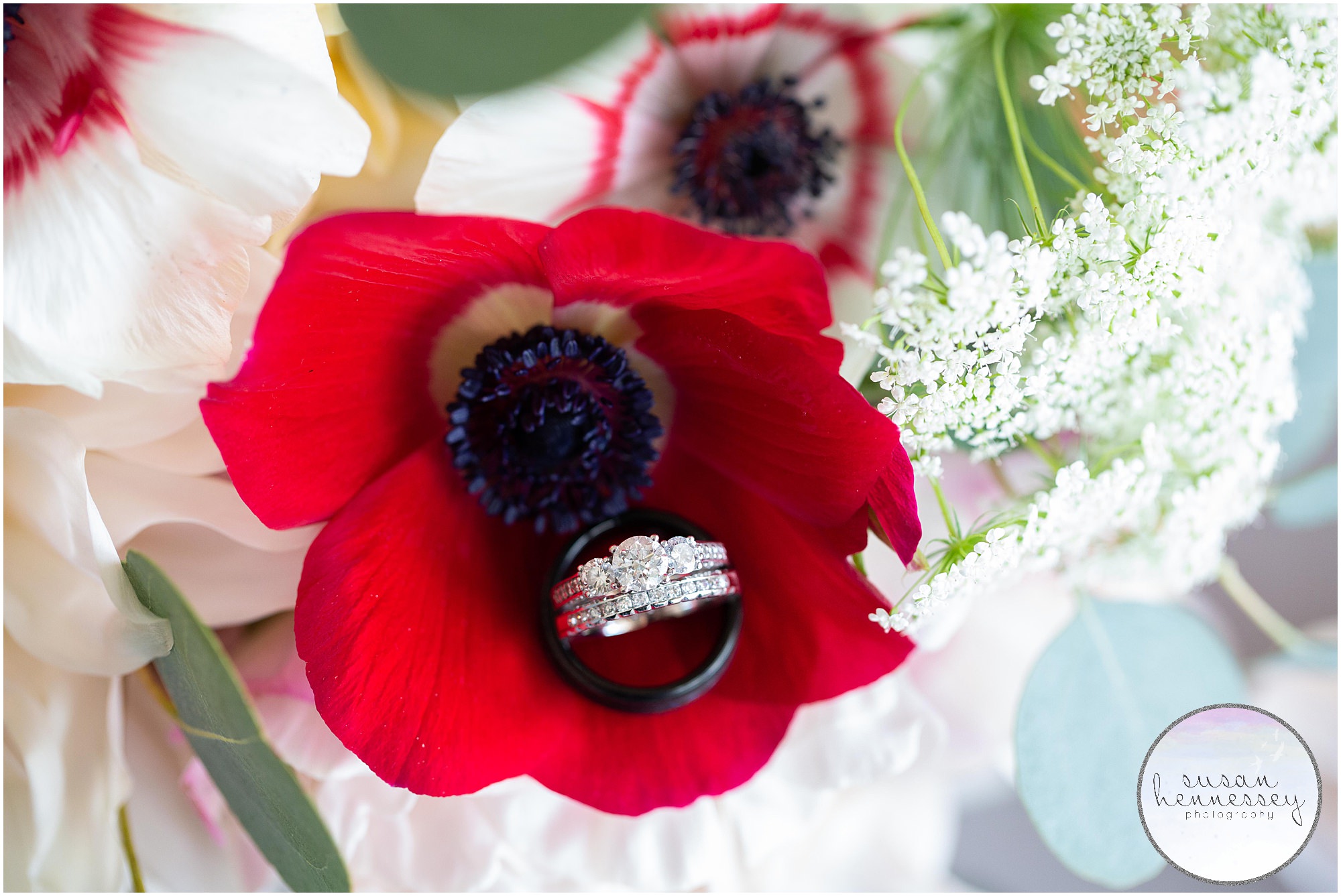 Weddings bands sitting in a red anemone. 