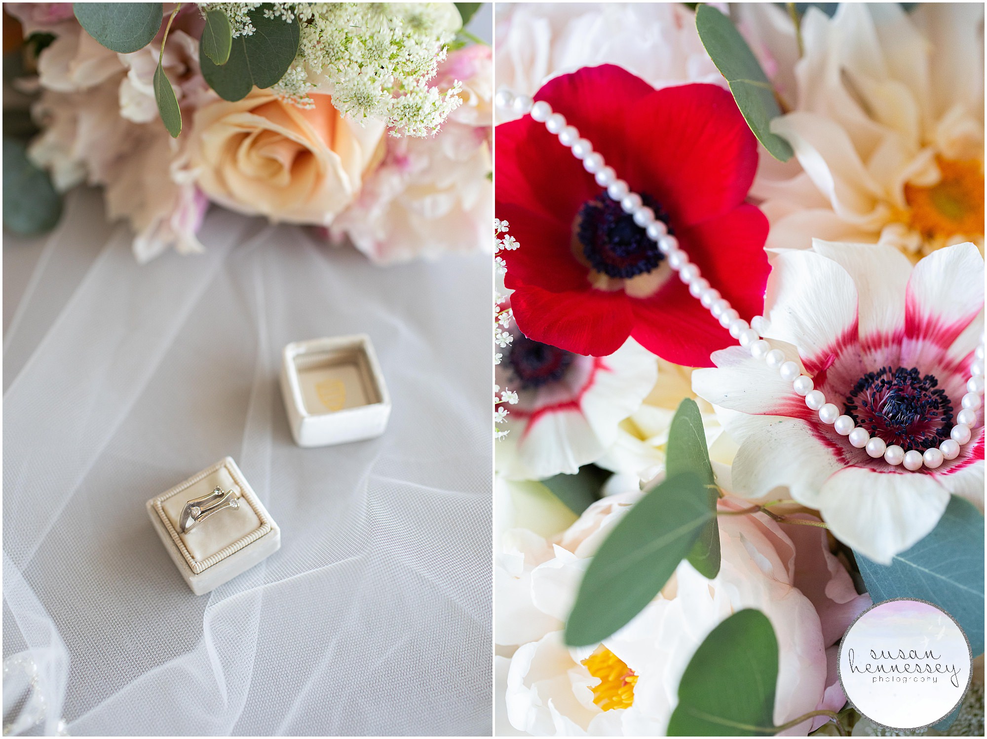 Heirloom ring sitting in a Mrs Box and vintage pearl necklace are bride's wedding day jewelry.