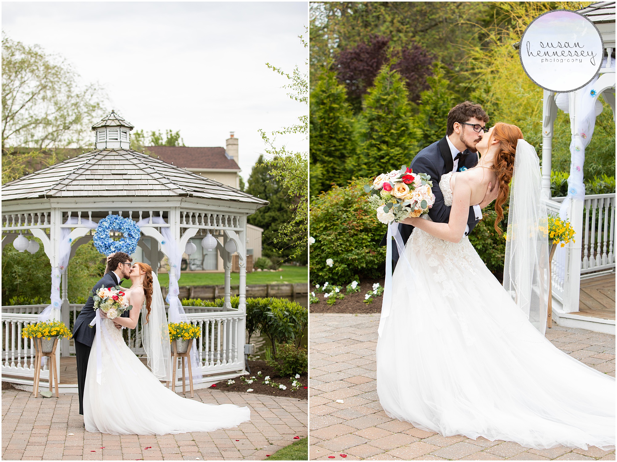 A bride and groom kiss in front of the gazebo at Greate Bay Country Club