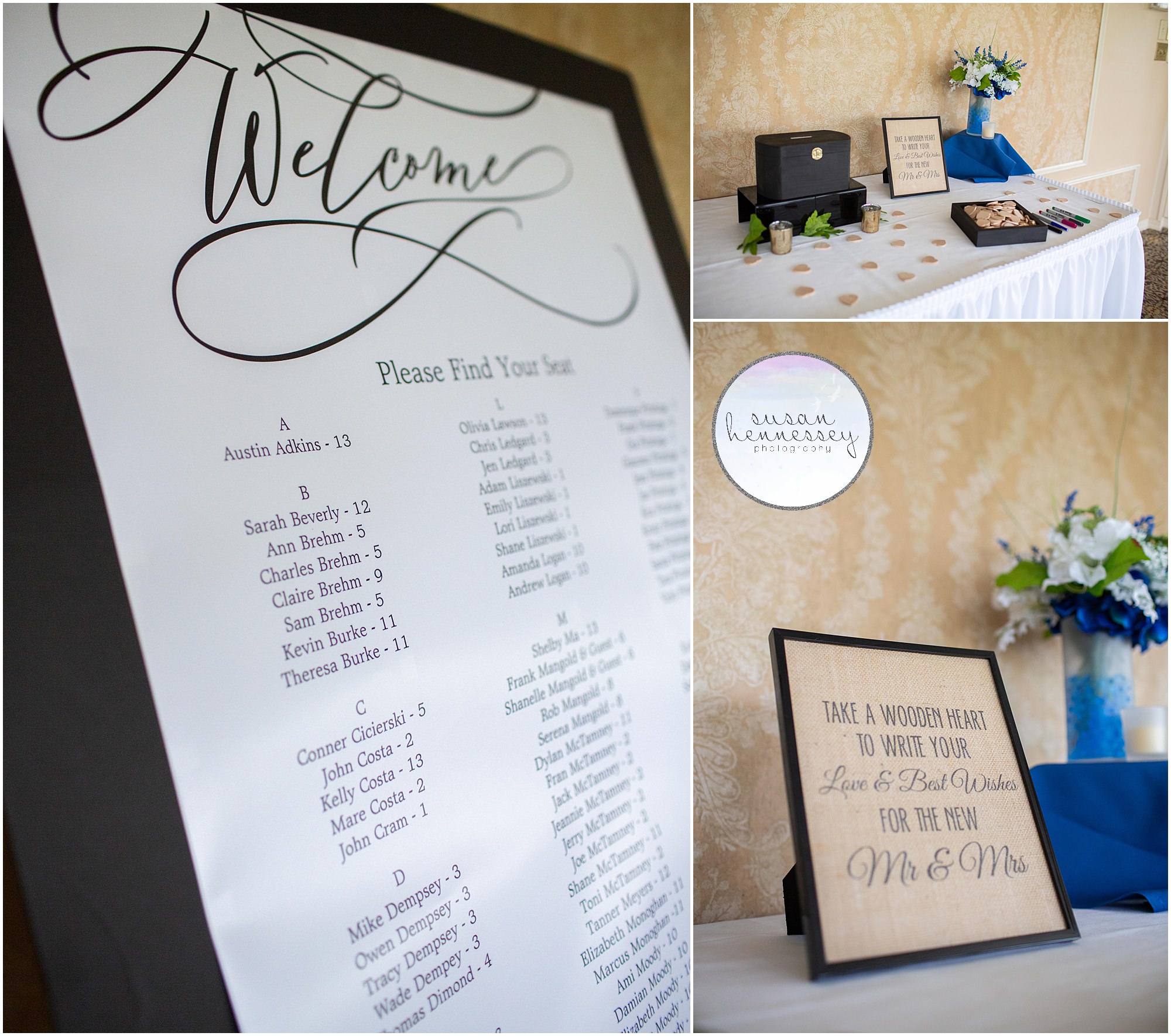 Reception details of table numbers and sign in guestbook at Greate Bay Country Club