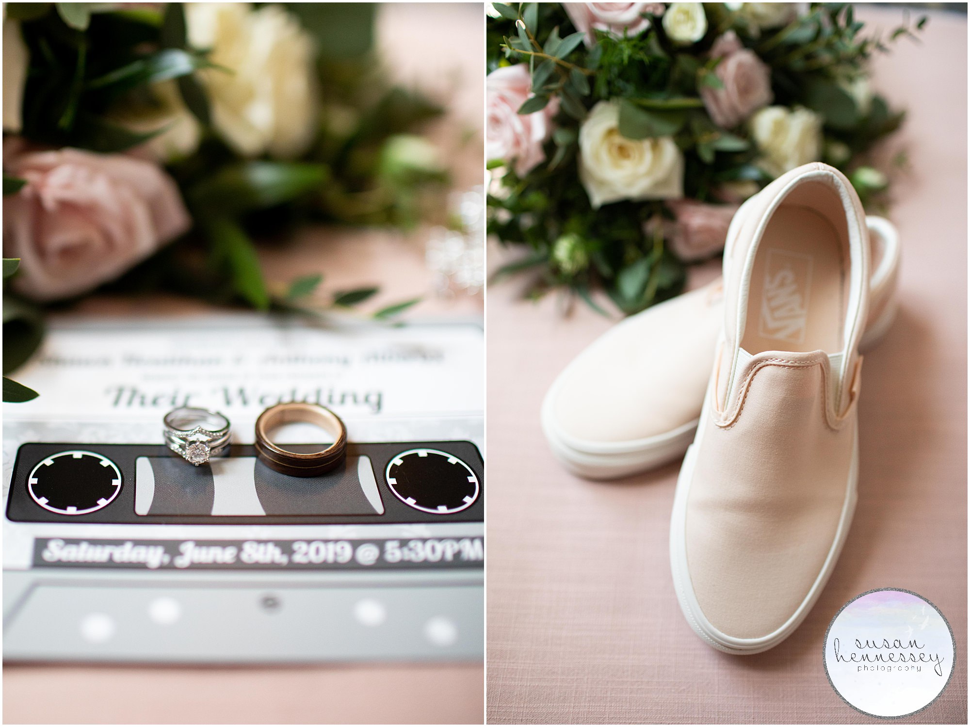 wedding bands and brides shoes