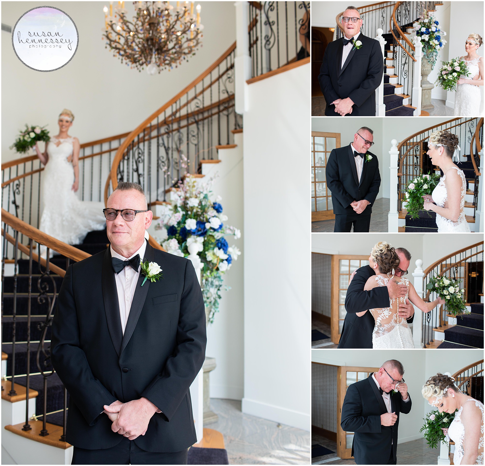 a bride has a first look with her father at Tomasello Winery