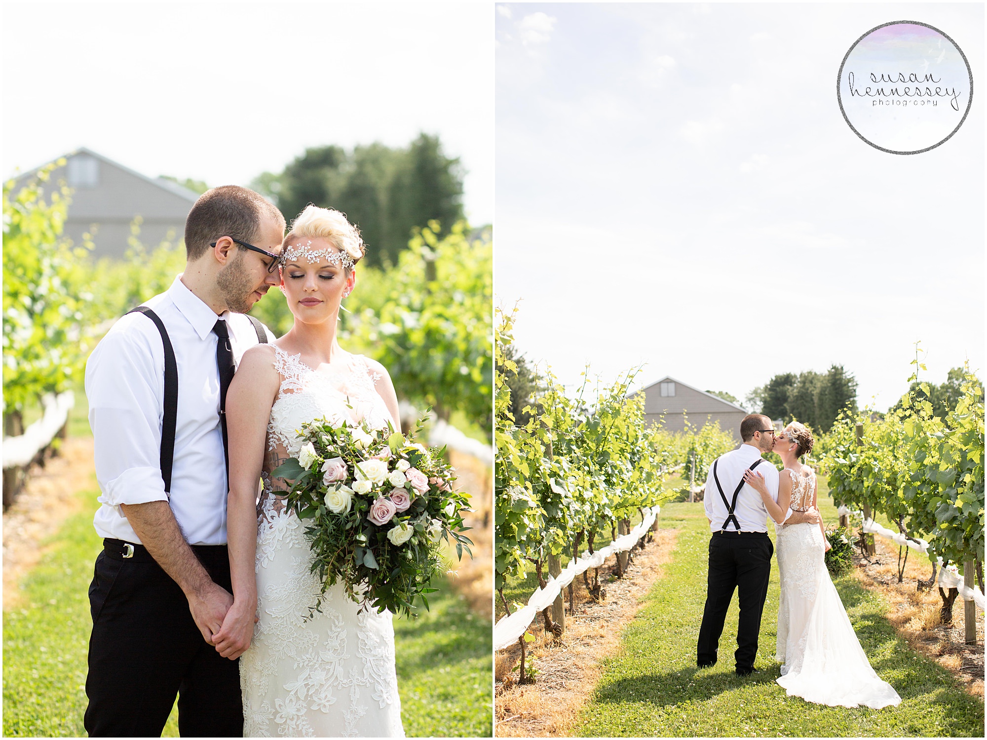 Romantic portraits of a bride and groom in the vineyards.