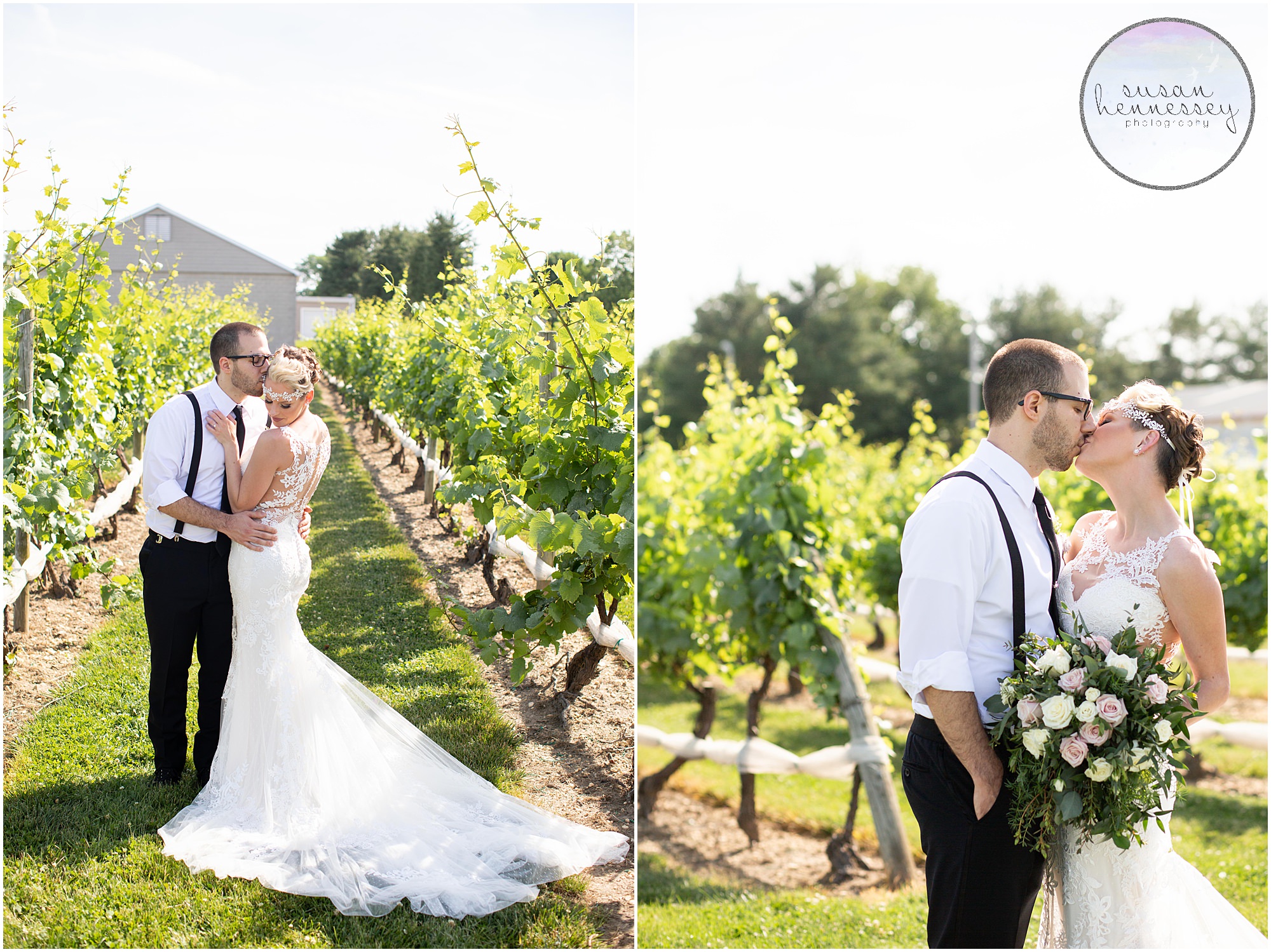 Bride and groom kiss on their wedding day at a winery