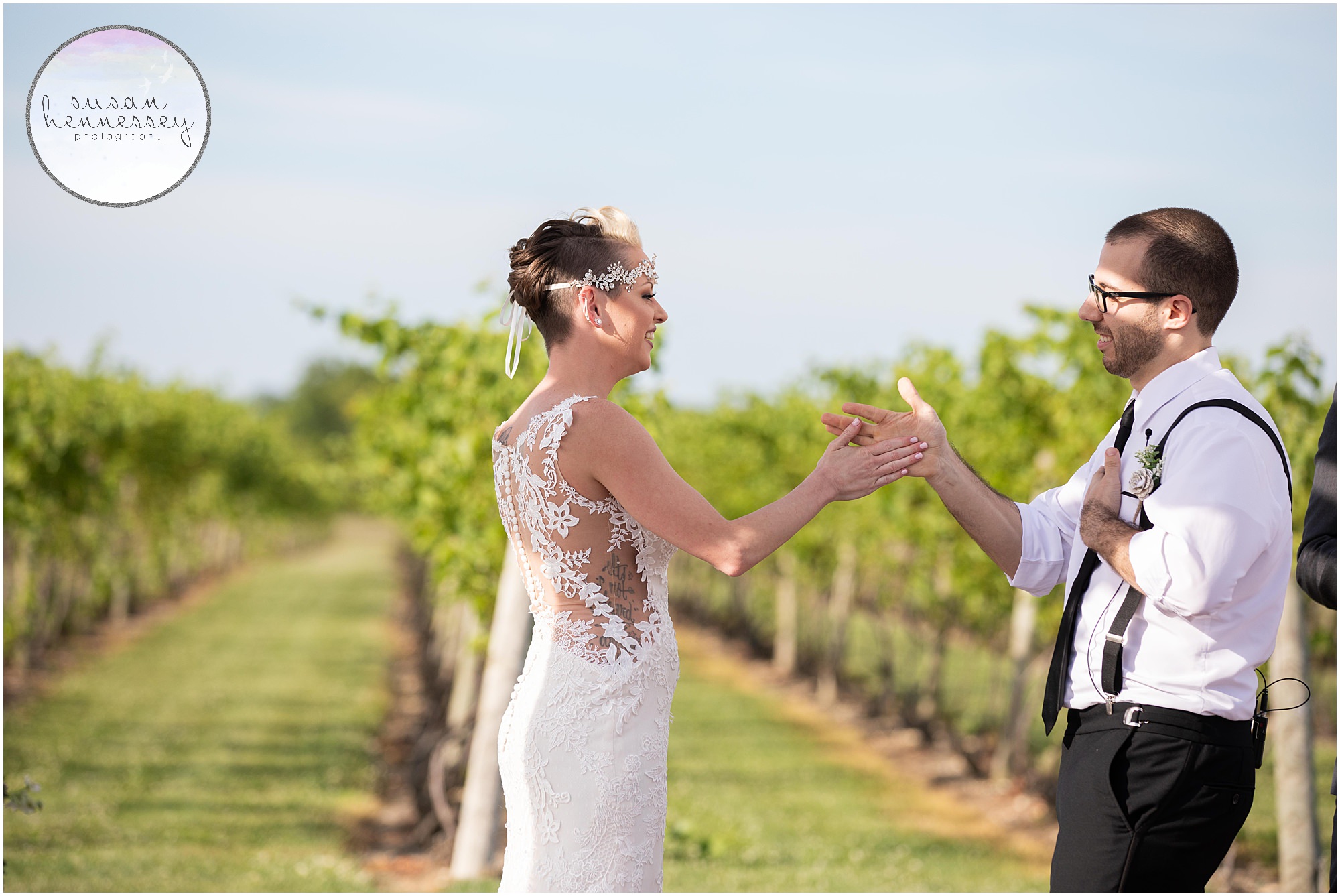 high fives between groom and bride 
