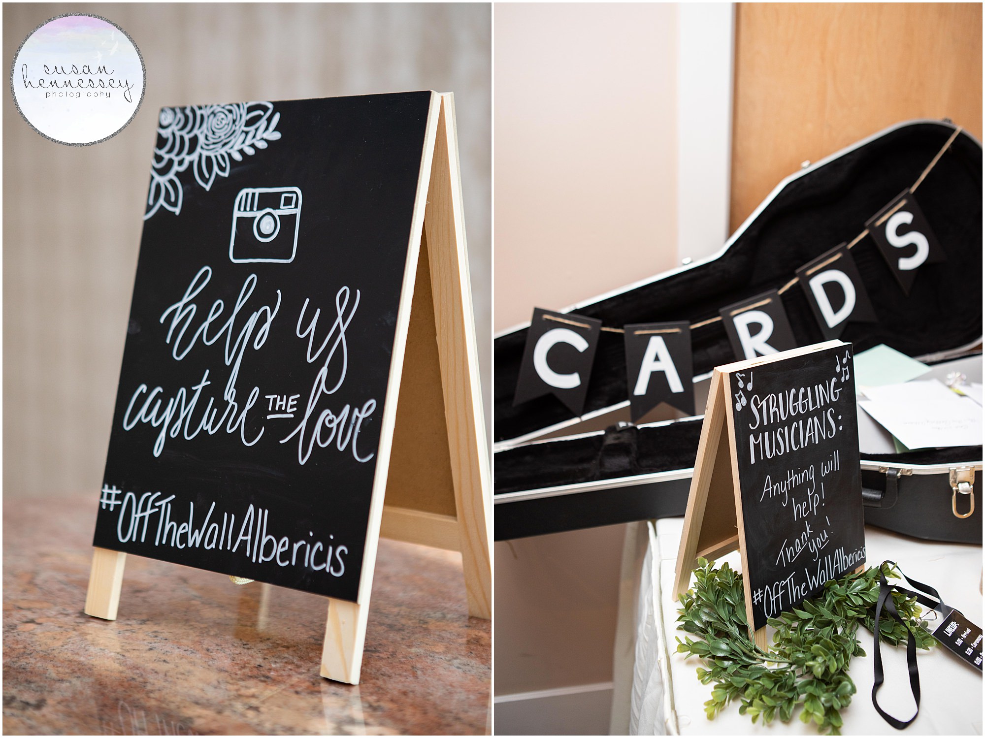 chalkboard and guitar case to place cards 