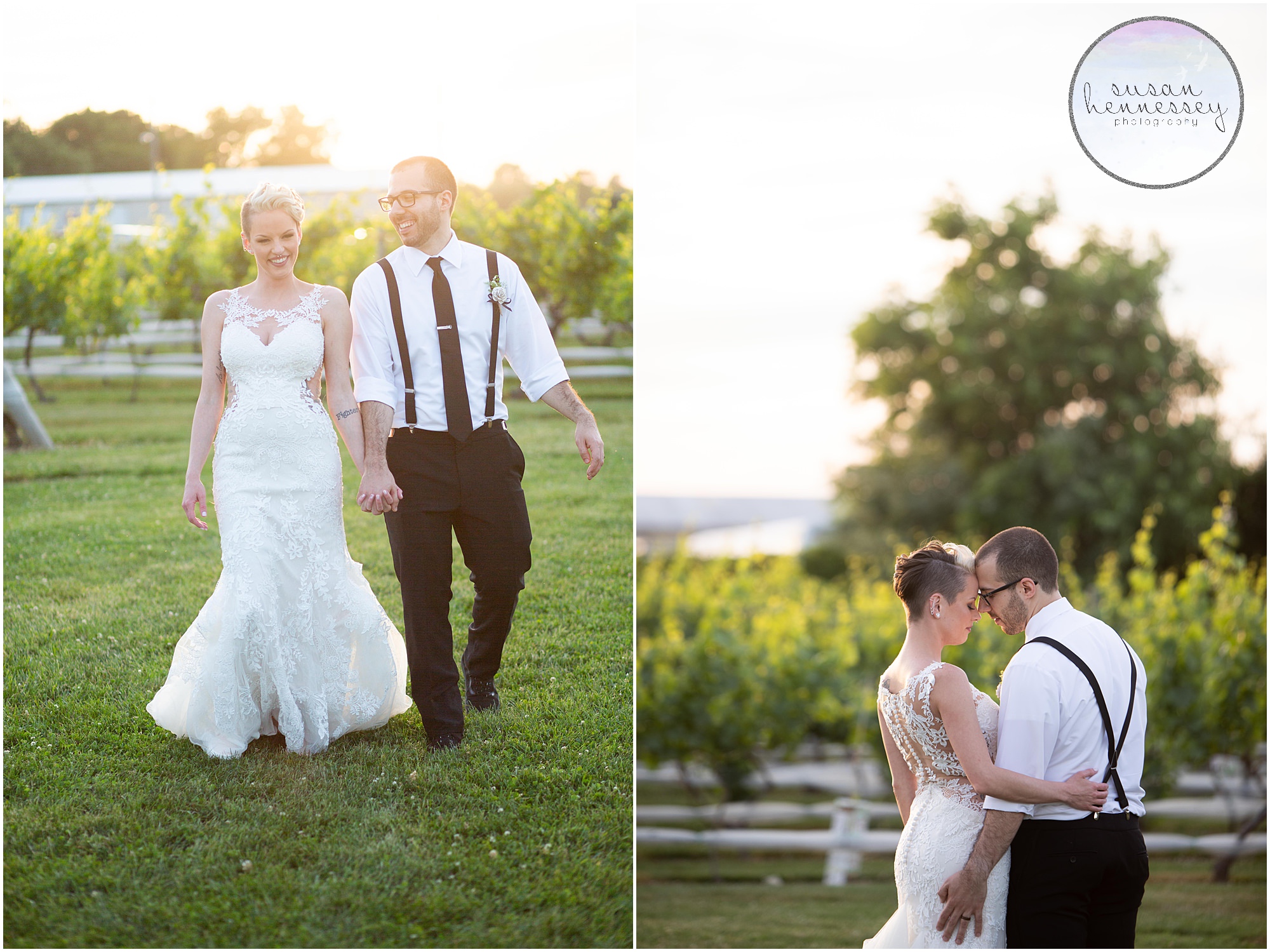 groom and bride walk and look at each other in vineyard