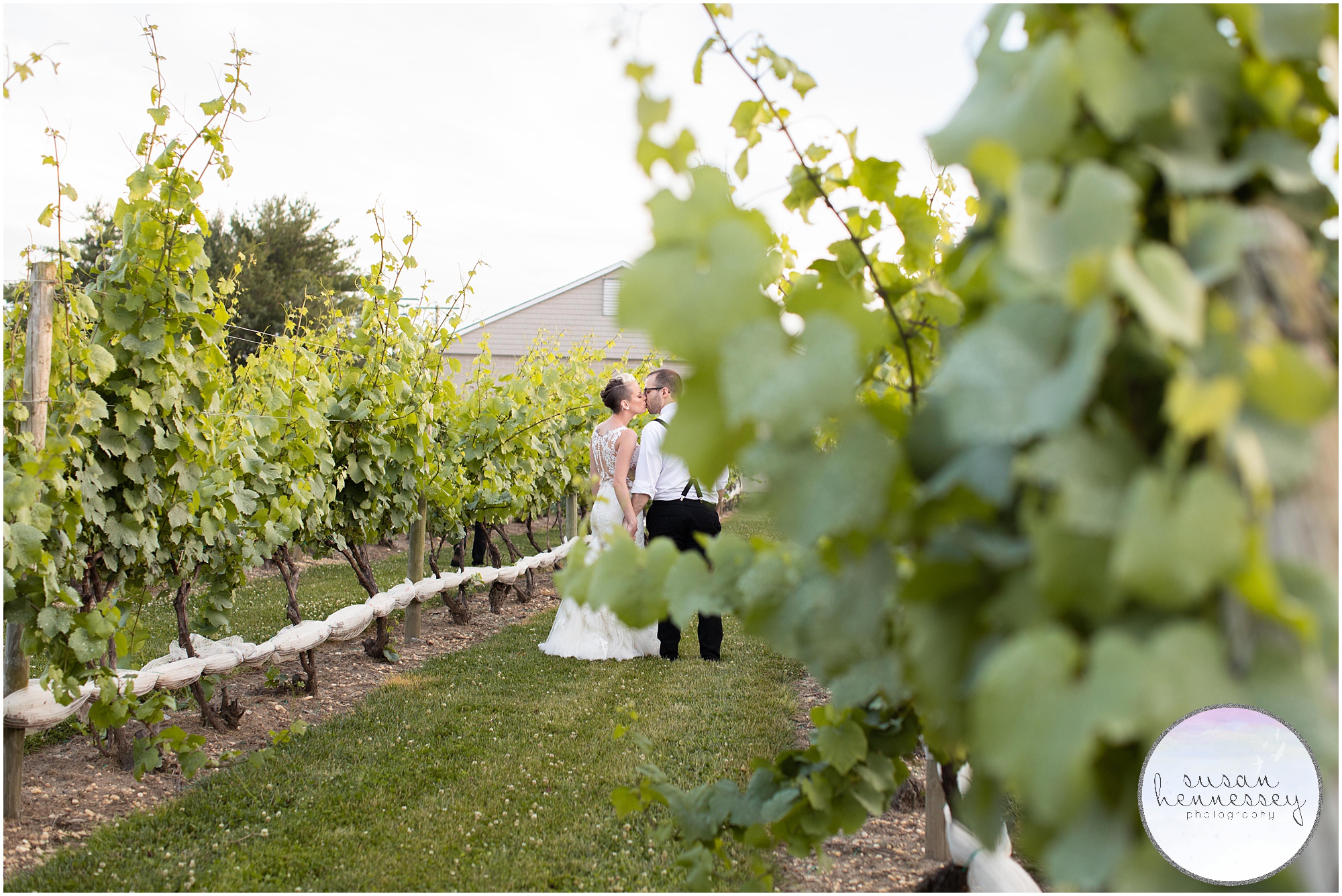 couple walks through vineyard