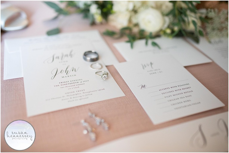 Classic invitation suite and bride's jewelry.