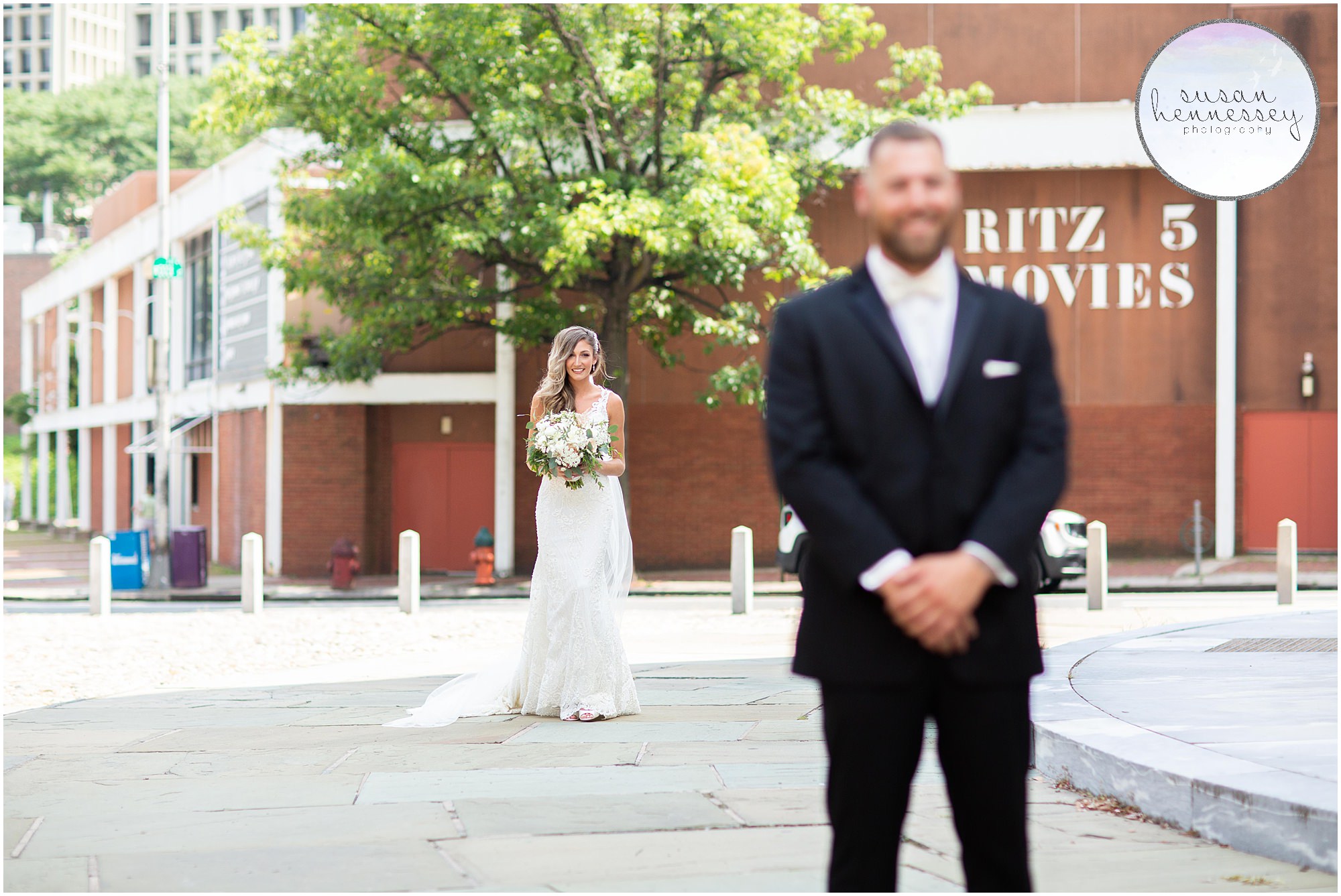 First look with bride and groom at The Merchant Exchange Building in Philadelphia.