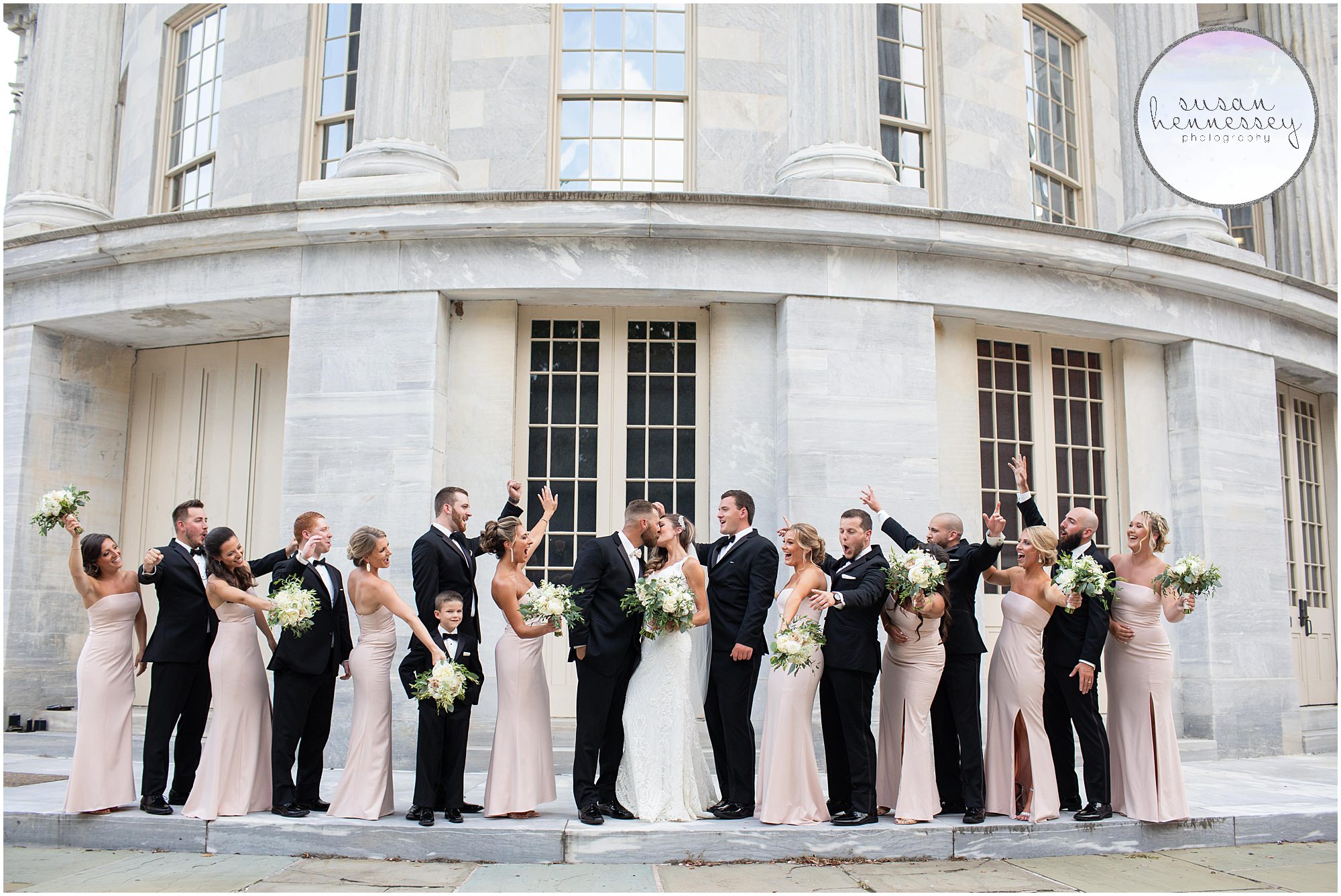 Bridal party at Merchant Exchange Building in Philly.