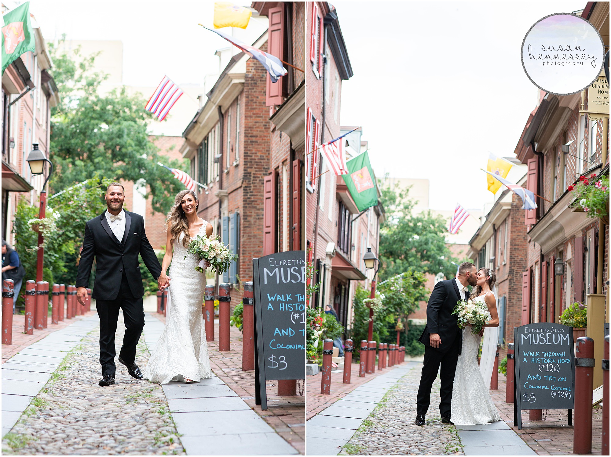 Bride and groom at Elfreth's Alley in Philadelphia