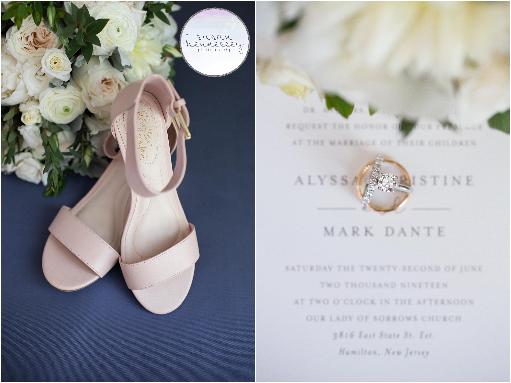 Bride's shoes, wedding invitation, wedding bands and engagement ring
