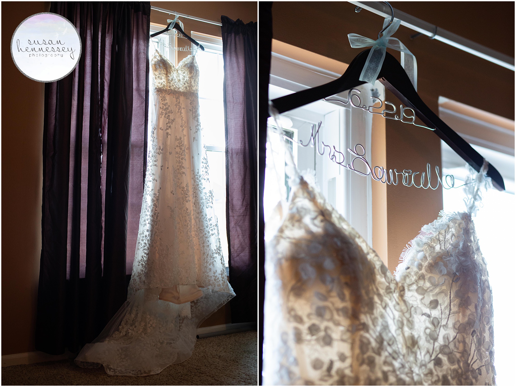Wedding gown hangs in window om wedding day.