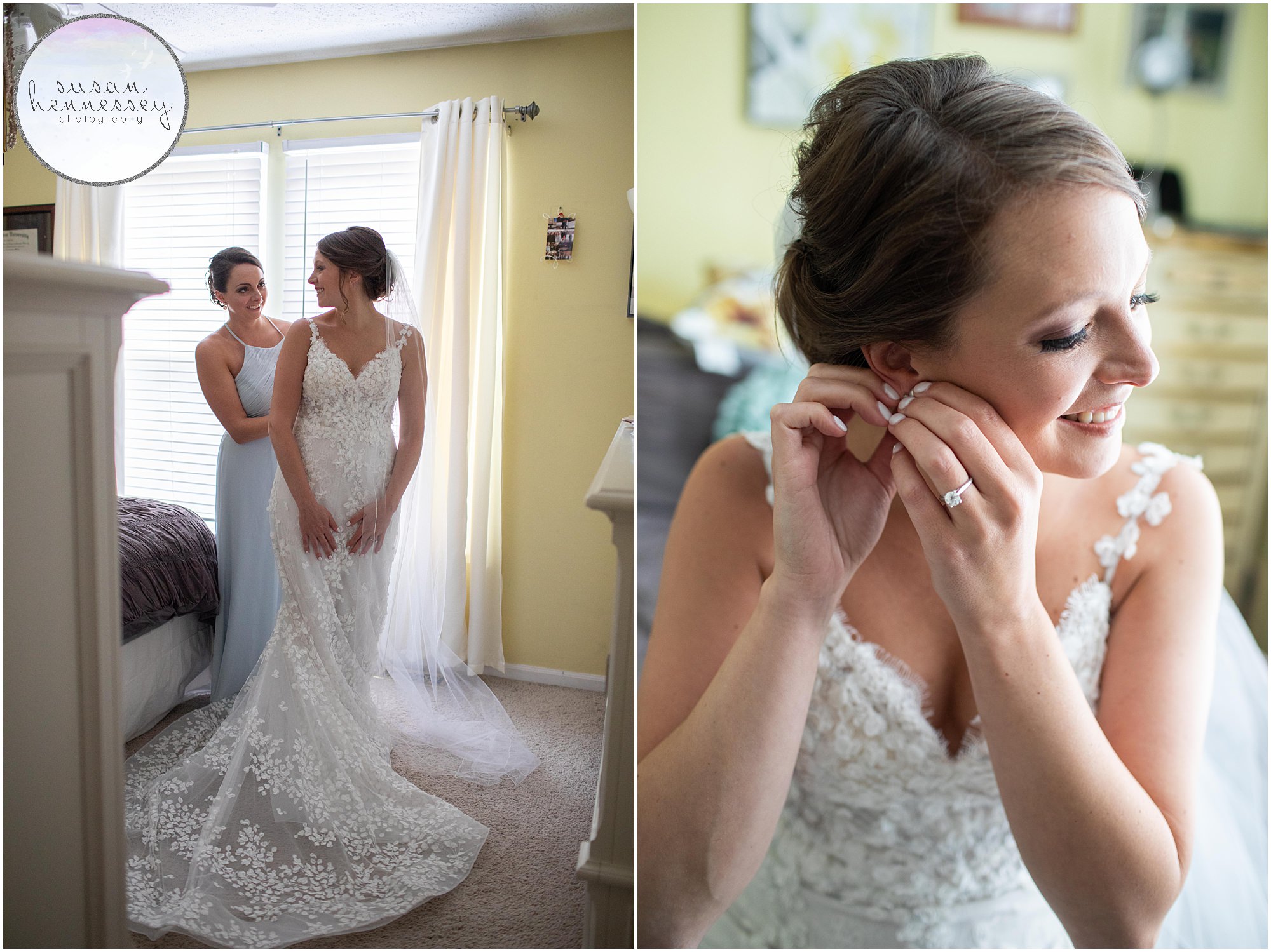 The bride dresses and puts her earrings on.