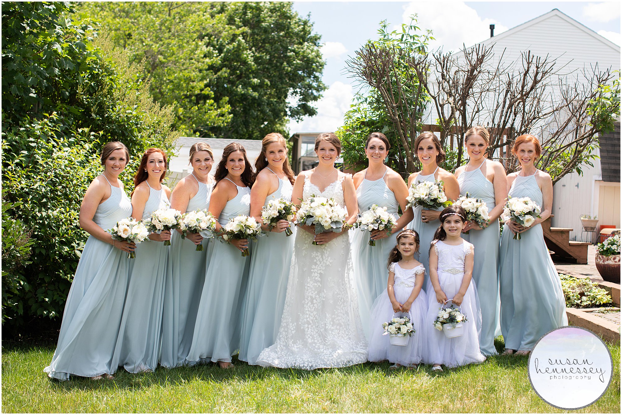 Bride and bridesmaids in light blue in Hamilton, NJ.