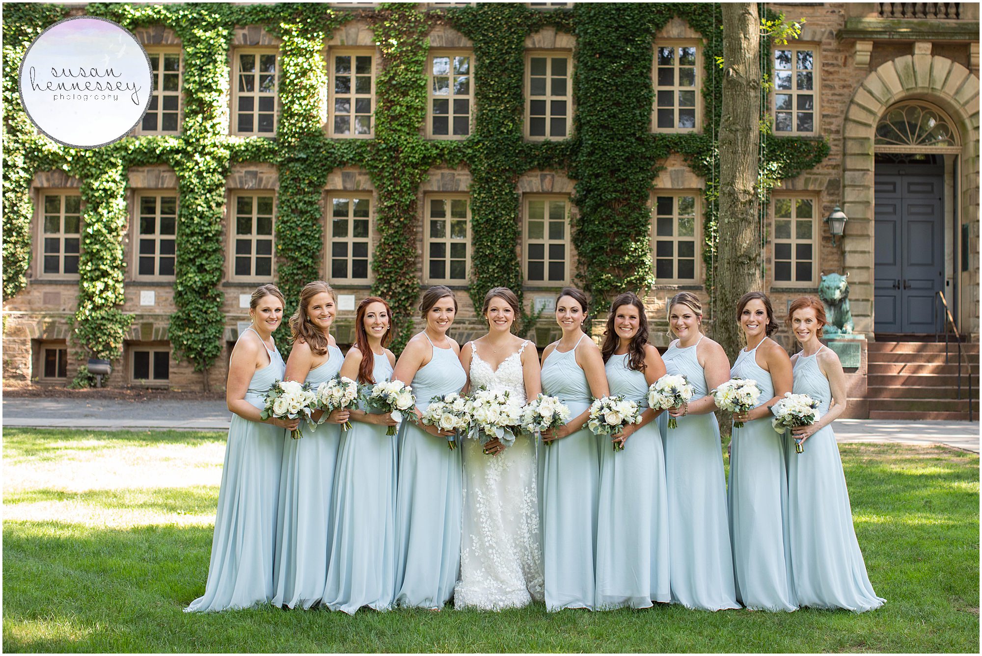 Bridesmaids standing in front of ivy at Nassau Hall