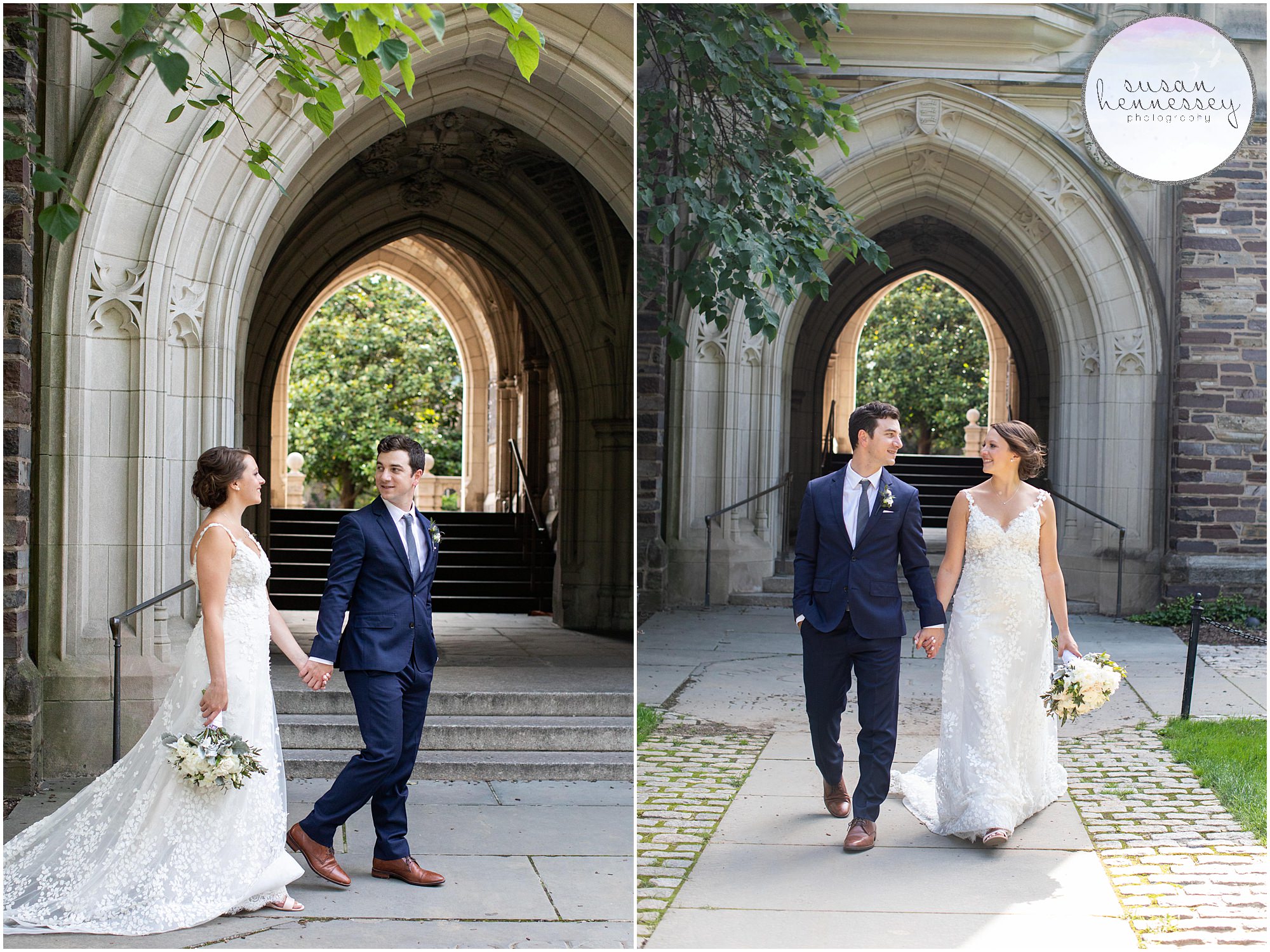 Bride and groom at Holder Hall on Princeton's campus