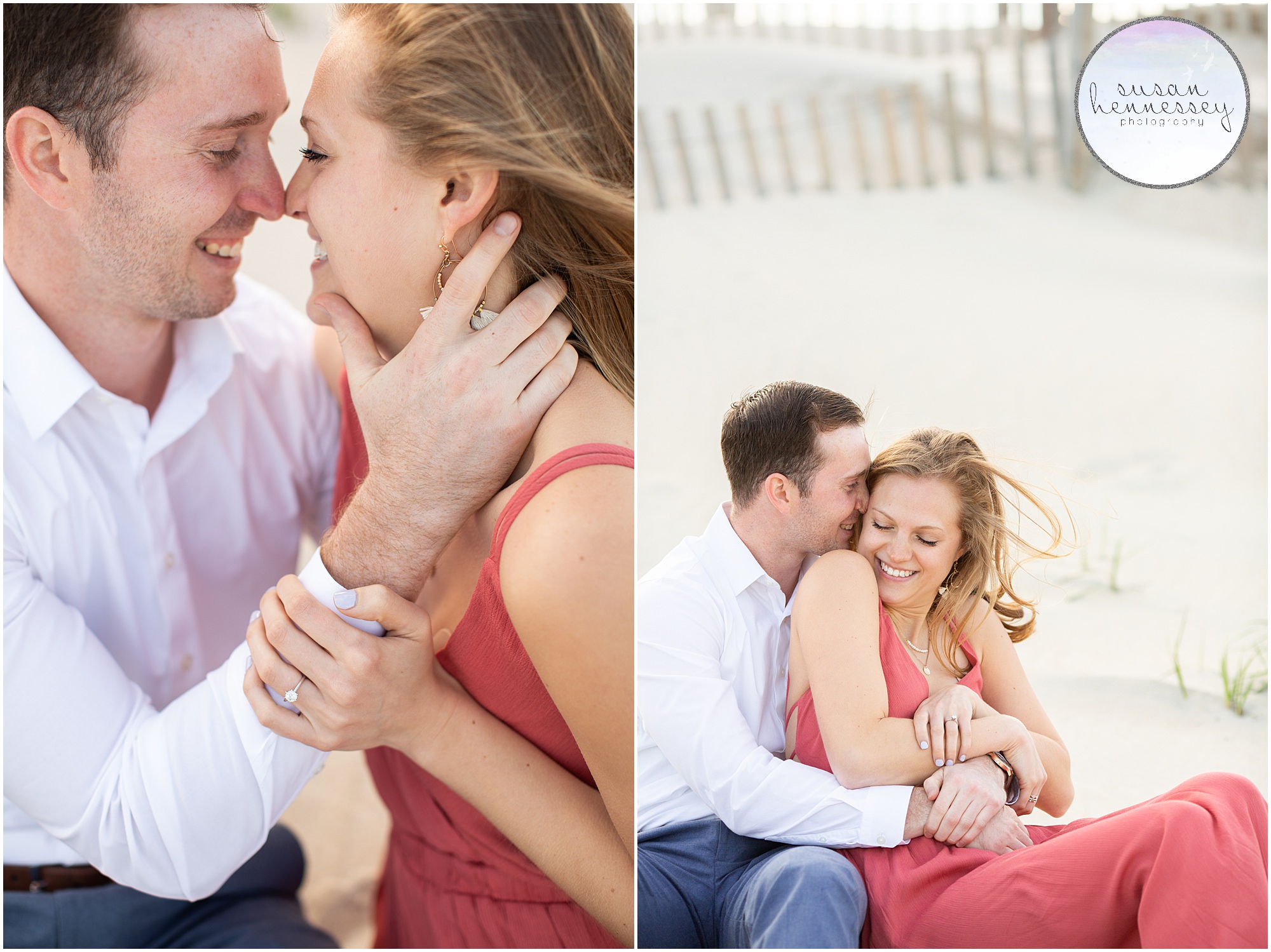 A happy engaged couple at their engagement session on the jersey shore.