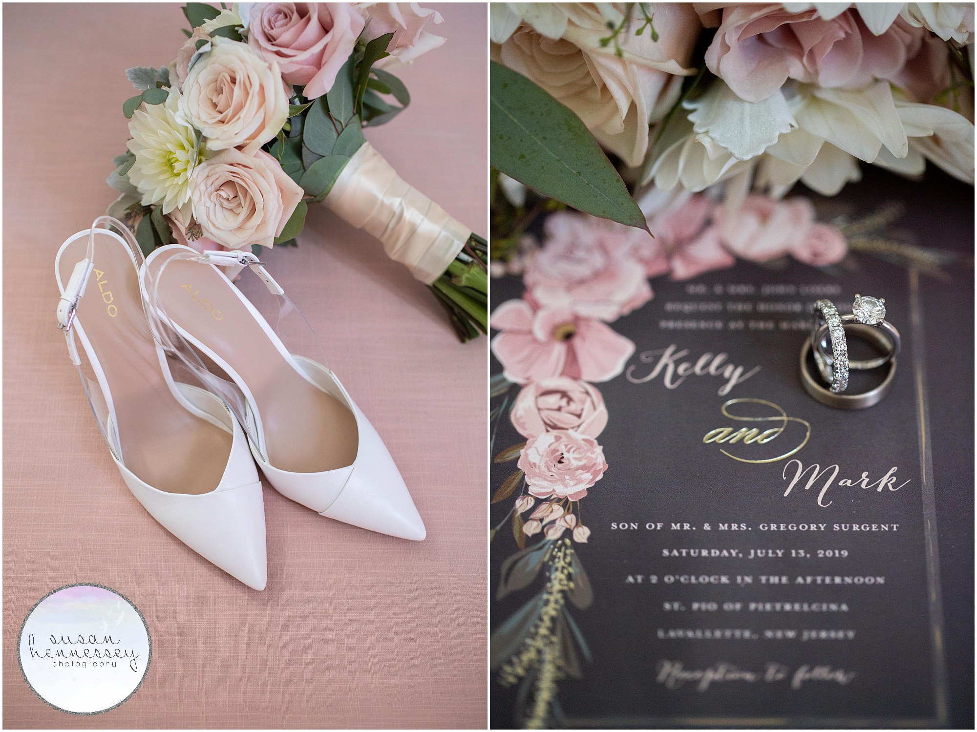 Bride's shoes, bouquet, invitation, wedding bands and engagement ring