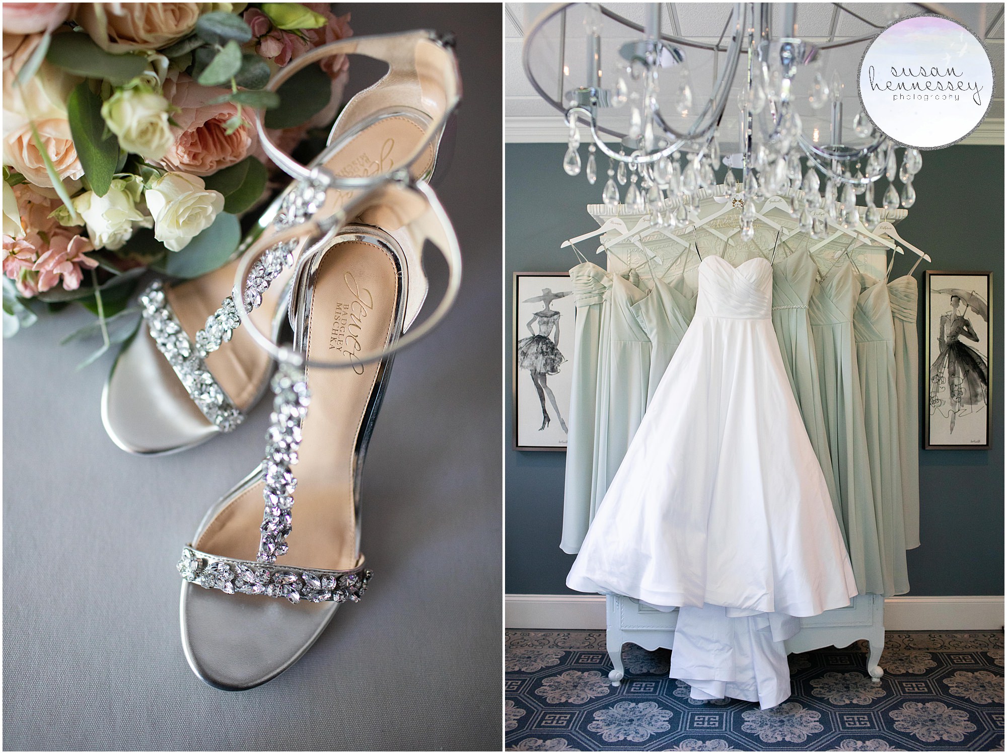 Bride's shoes, bouquet and bridesmaid and bridal dresses