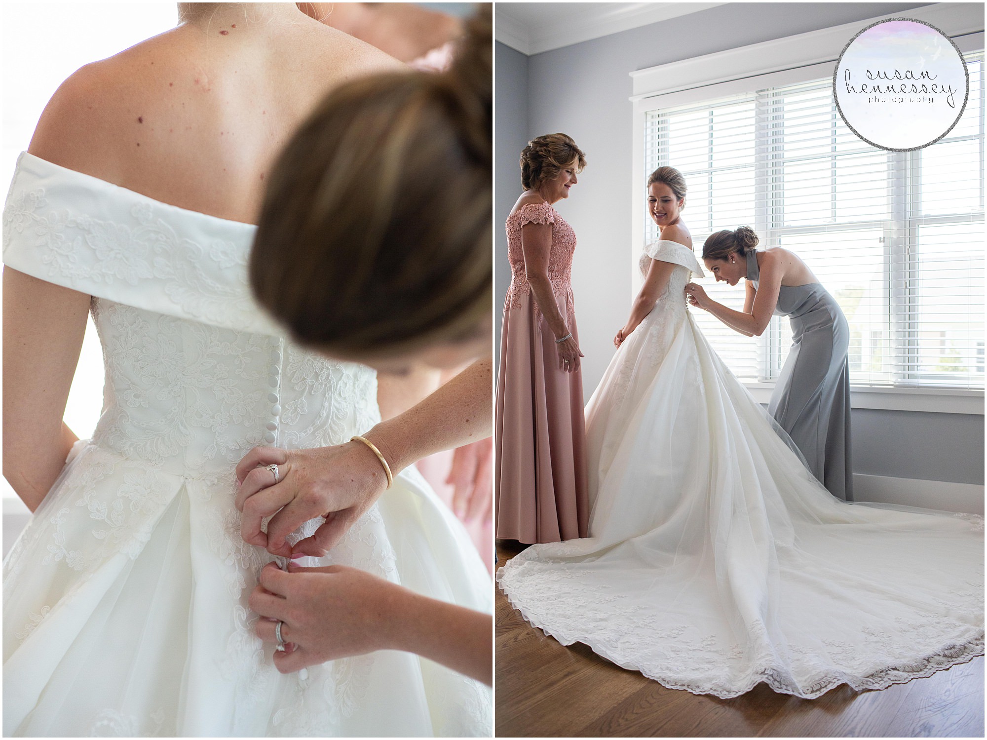 The mother and maid of honor help bride into her elegant and classic wedding gown