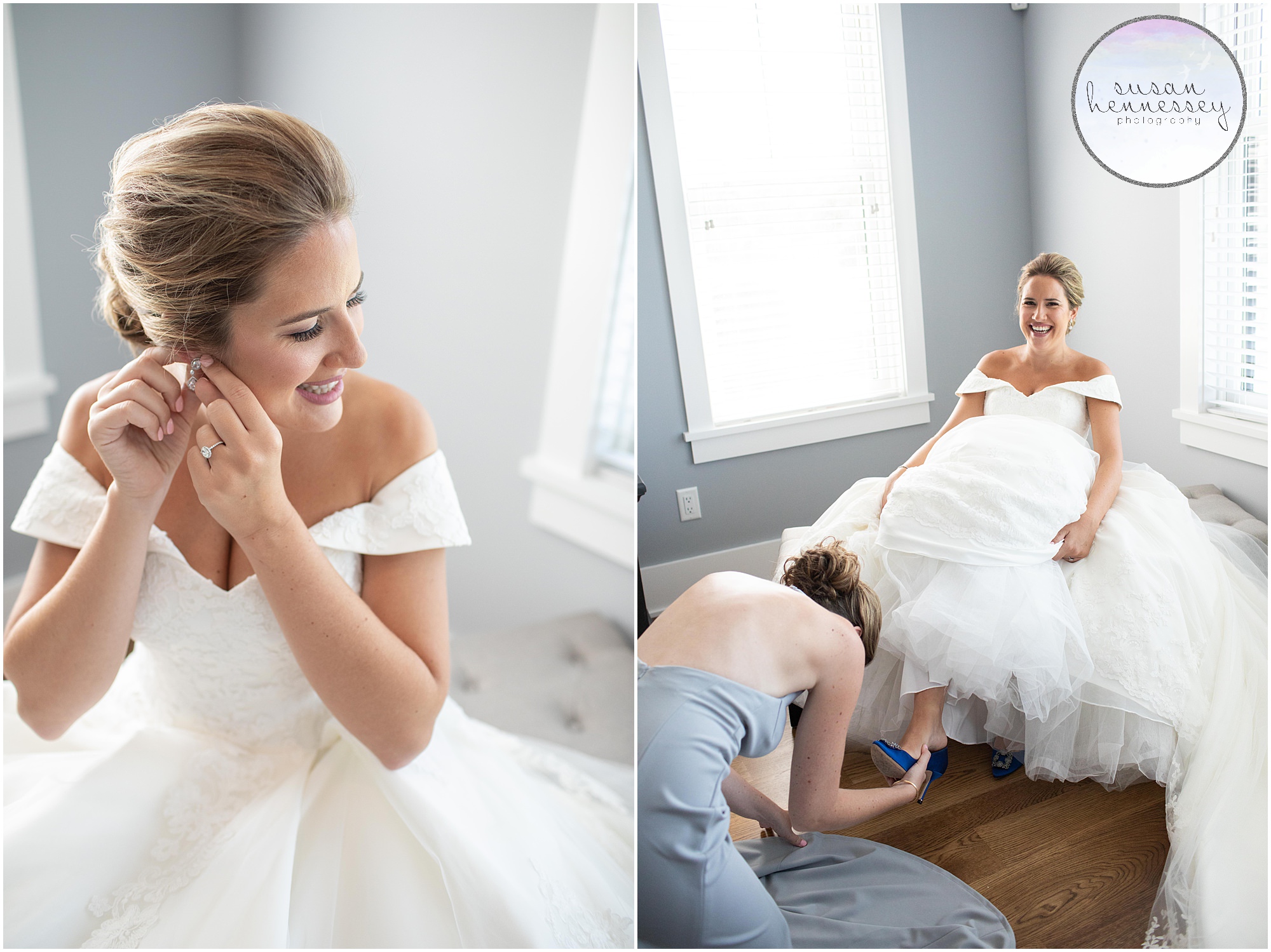 Bride puts on earrings and wedding day shoes.