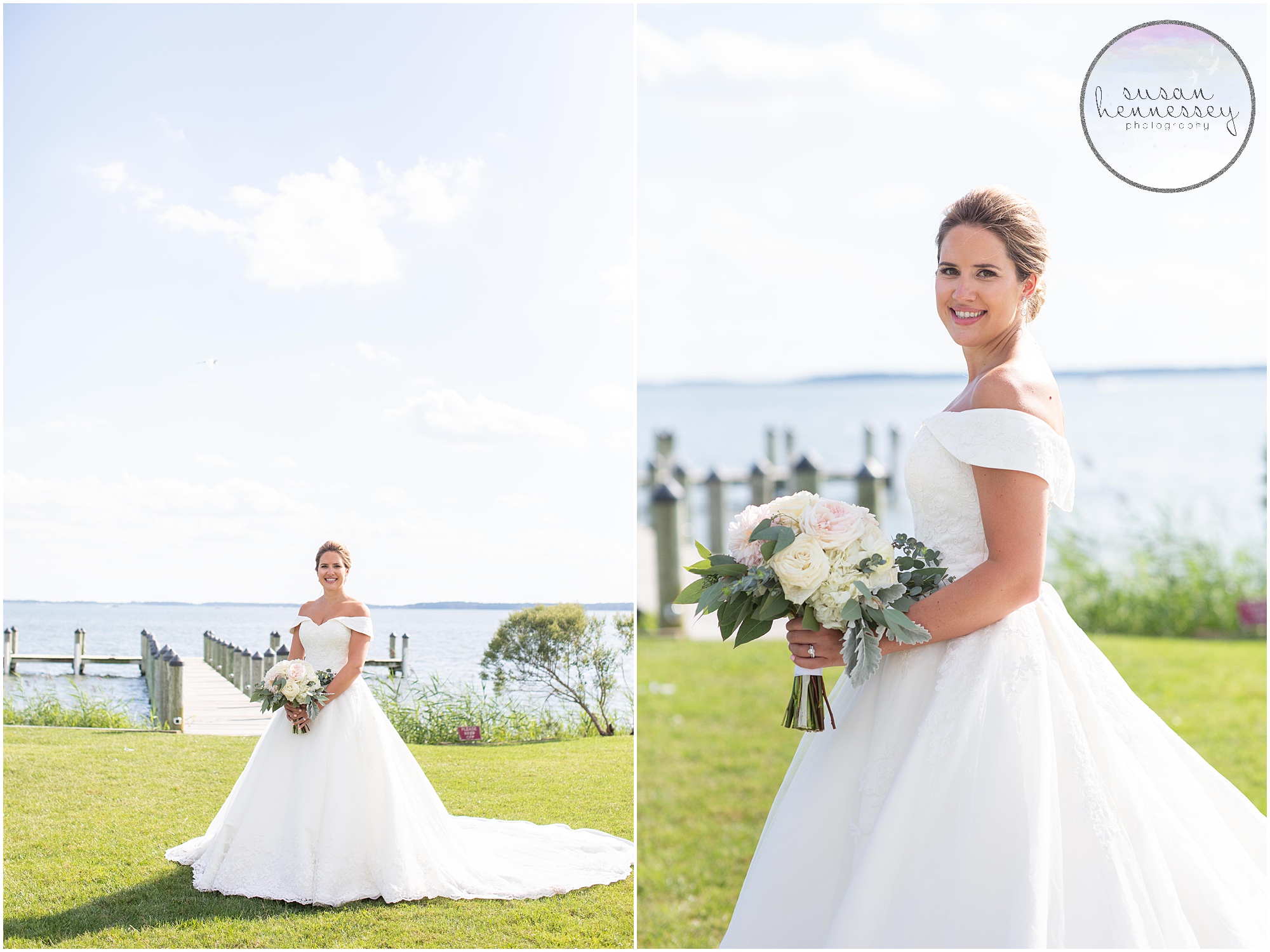 Bridal portraits of bride holding her bouquet at Rehoboth Beach CC