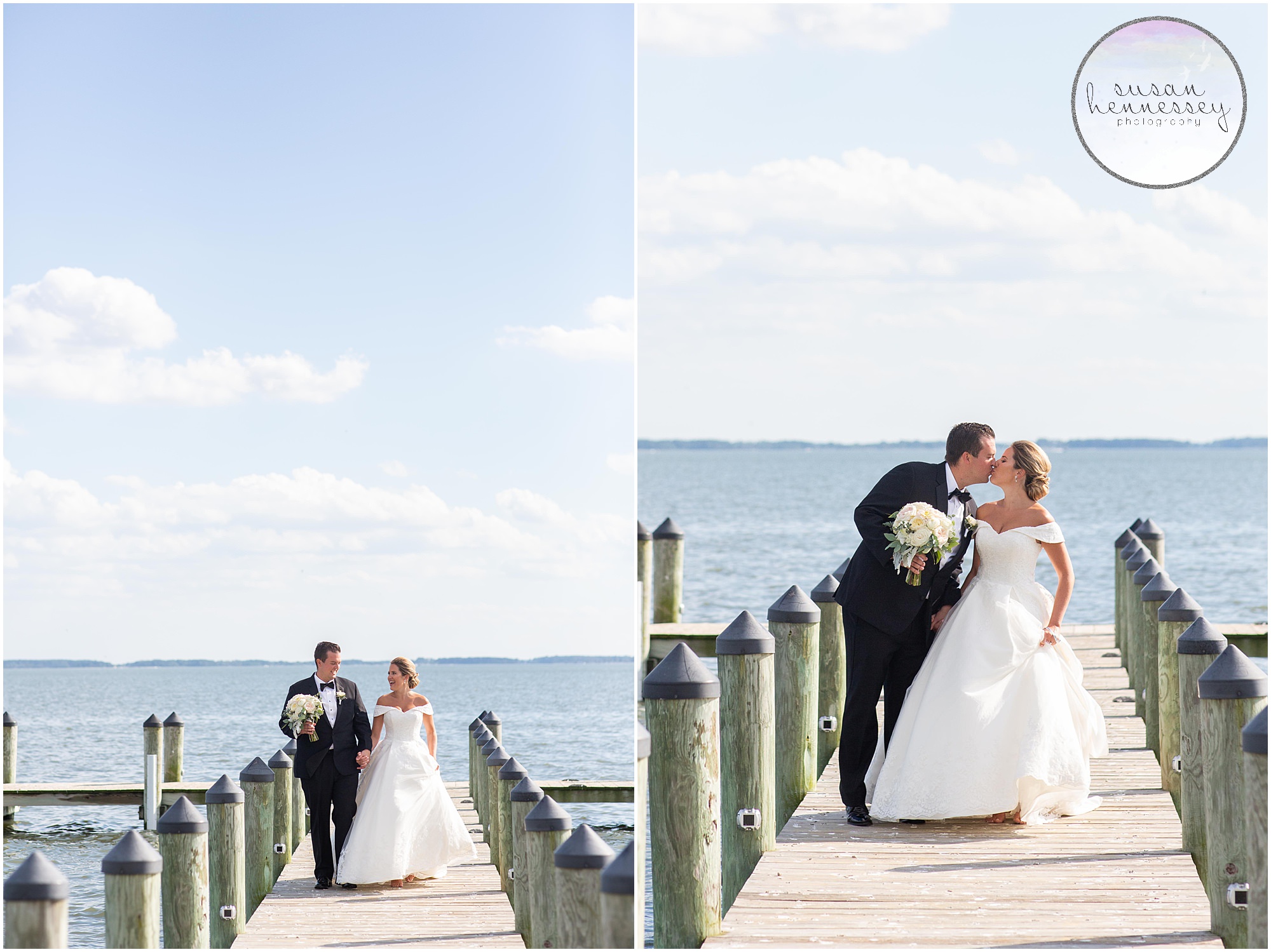 Couple kiss and walk on pier at waterfront Rehoboth Beach wedding
