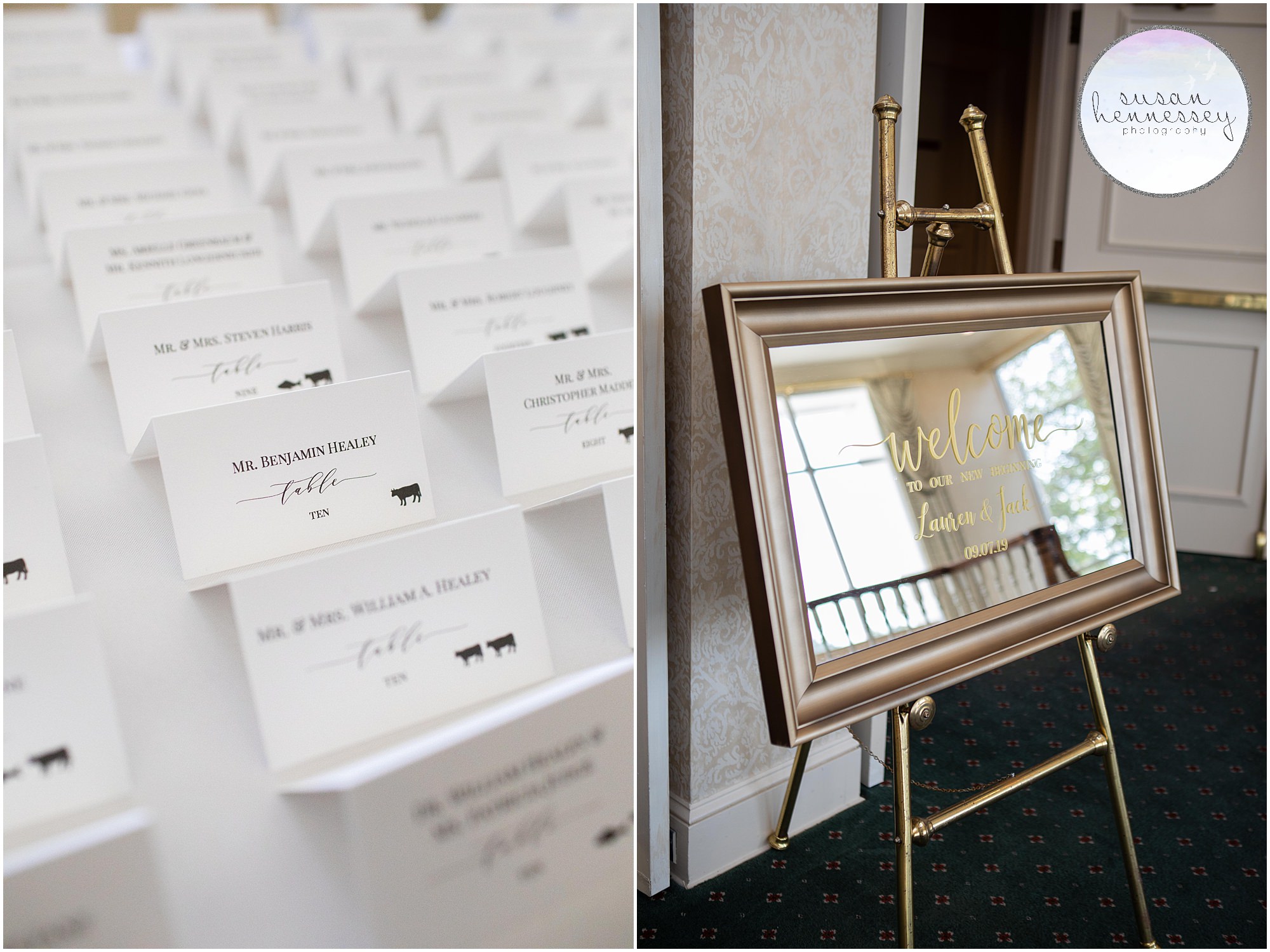 Escort cards and welcome sign at Rehoboth Beach Country Club wedding
