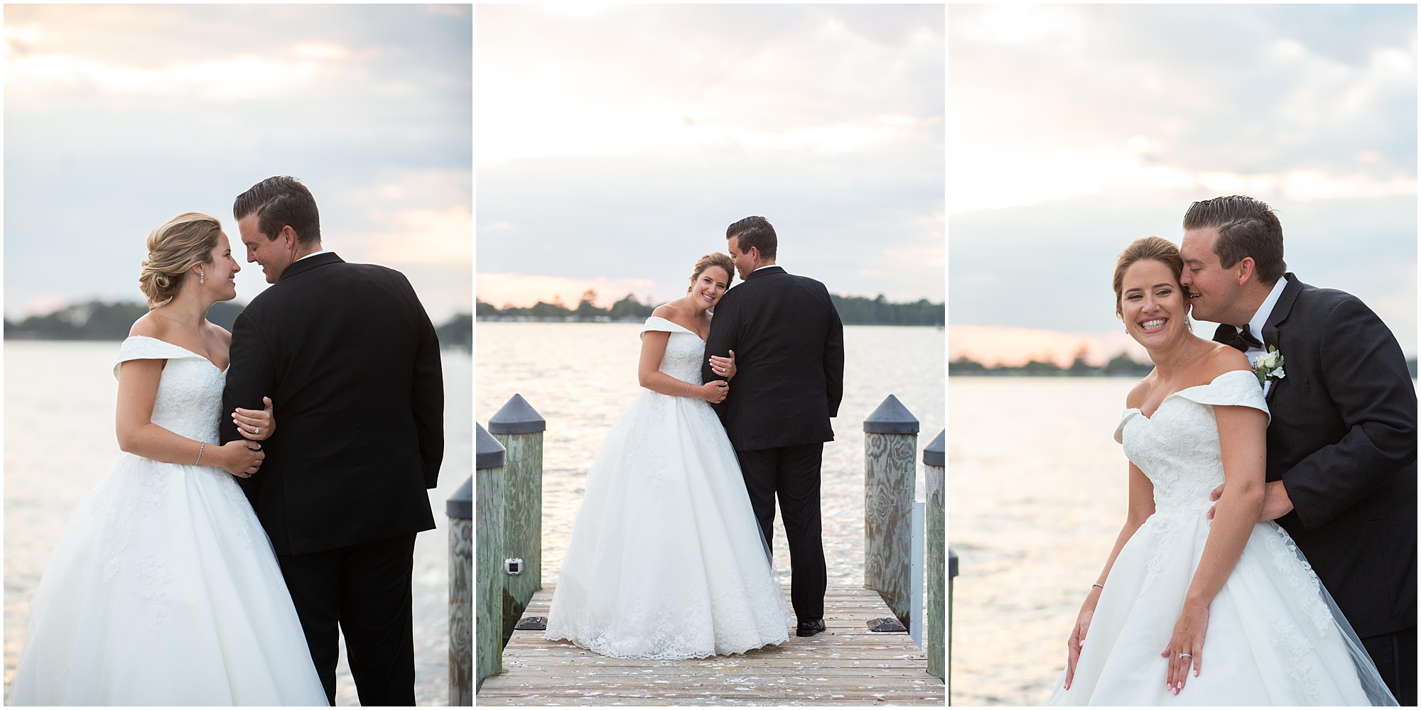 Golden hour waterfront photos at black tie classic wedding