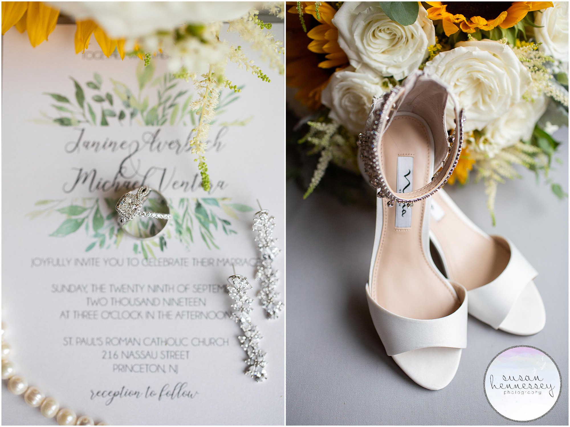 Detail of bride's Nina Shoes, wedding invitation, rings and earrings.