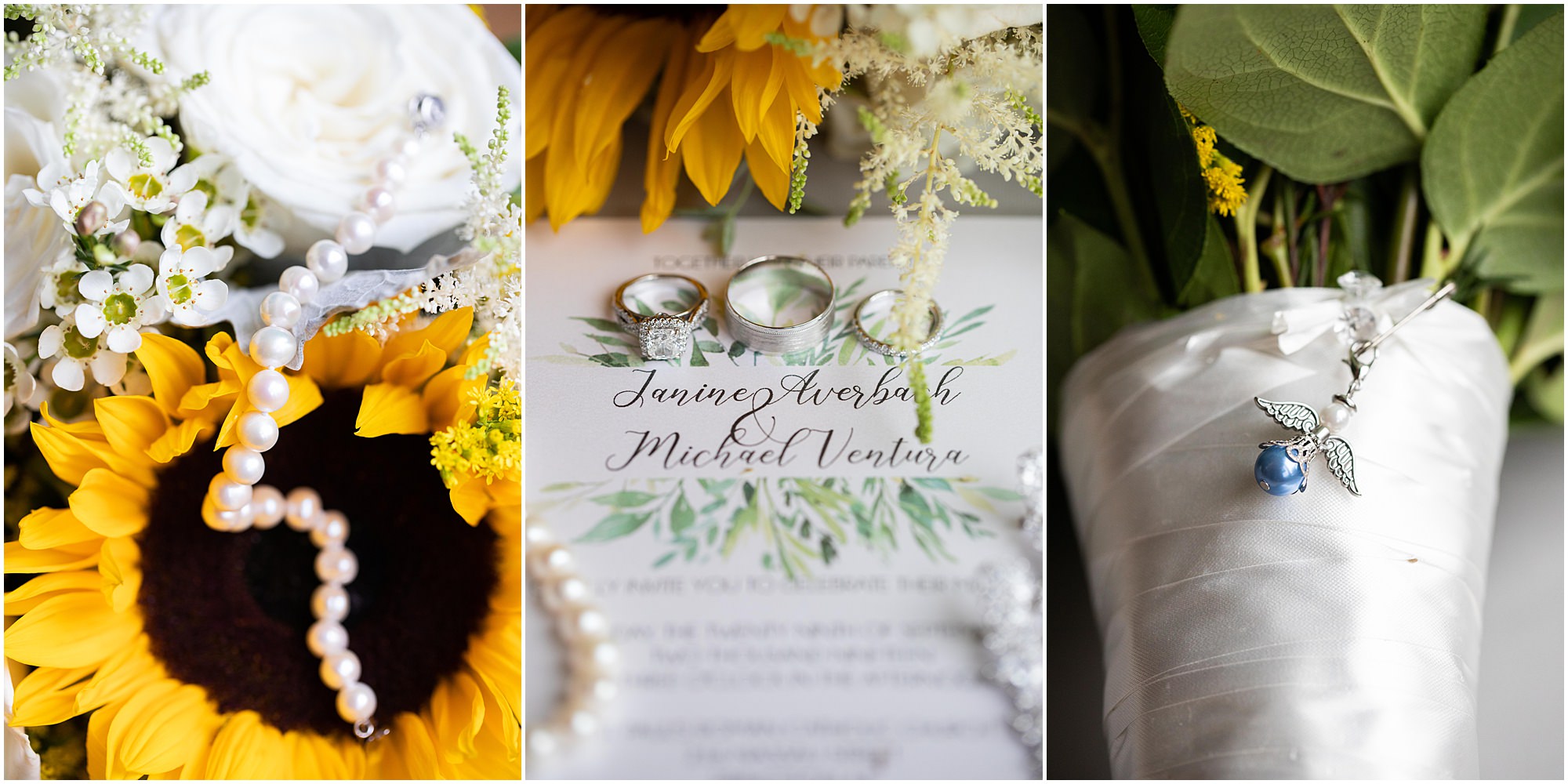Bridal details at Summer wedding with sunflowers.
