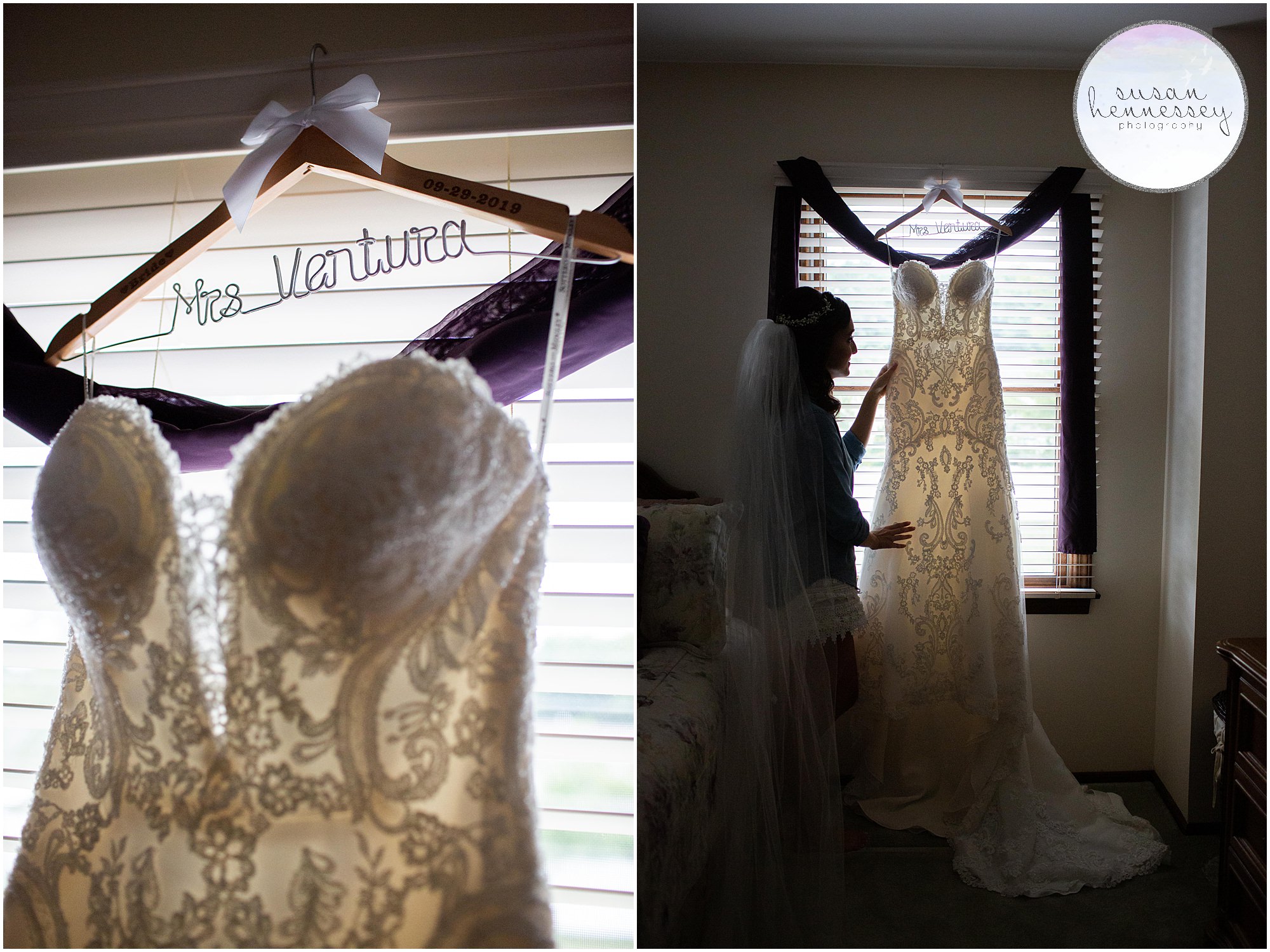 Bride's wedding gown hanging in window.