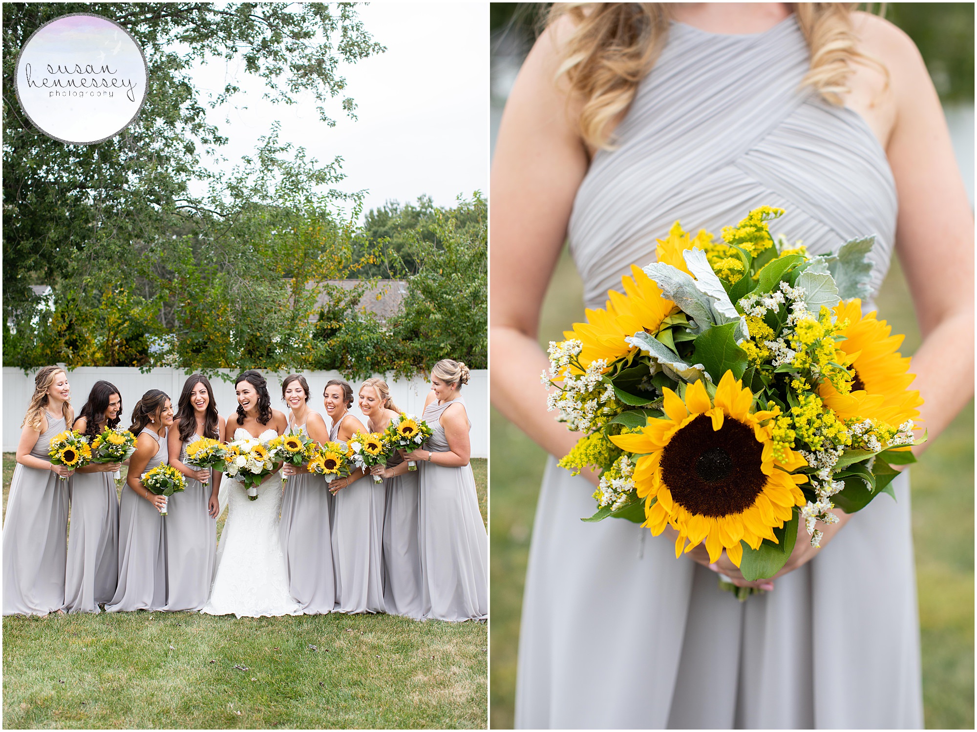 Bride and bridesmaids pose before ceremony in gray dresses and sunflower bouquets