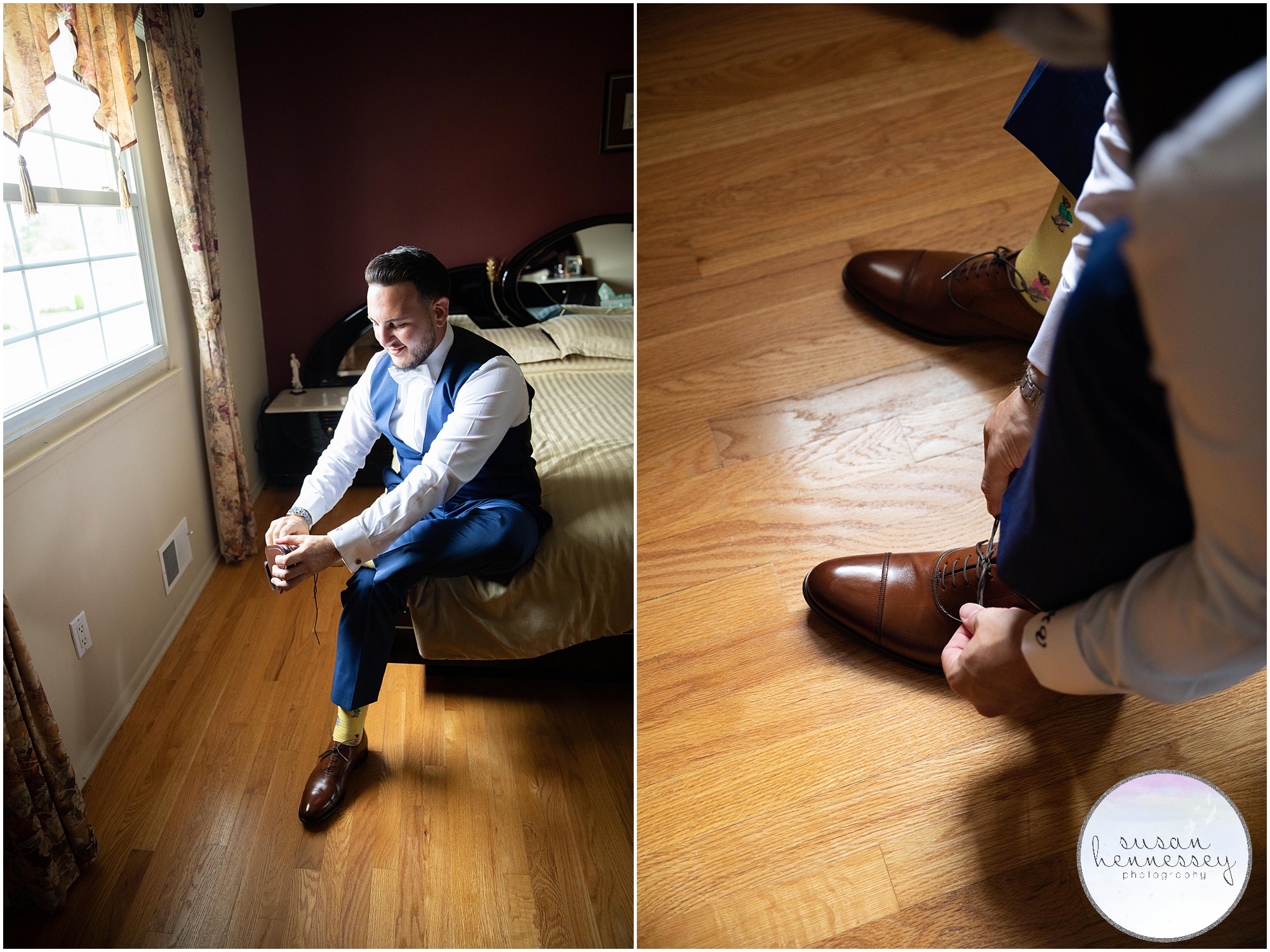 Groom puts on his wedding shoes.