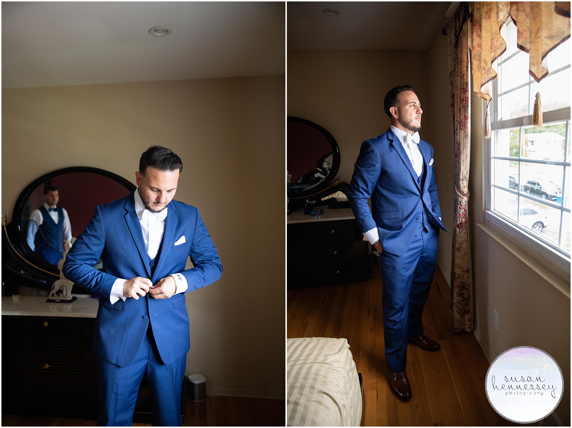 Groom buttons up jacket for Hamilton Manor wedding