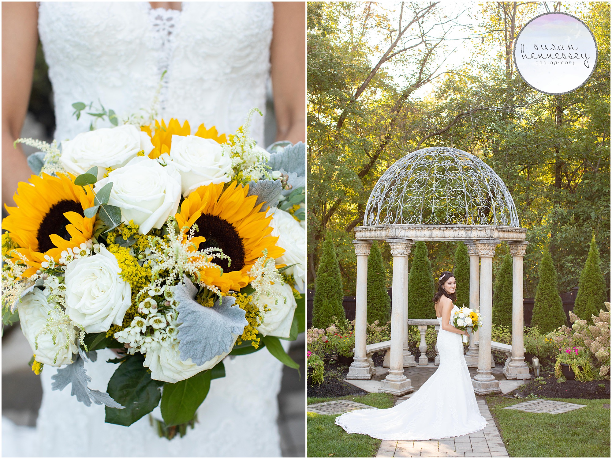 Bridal portraits with sunflower and white rose bouquet.