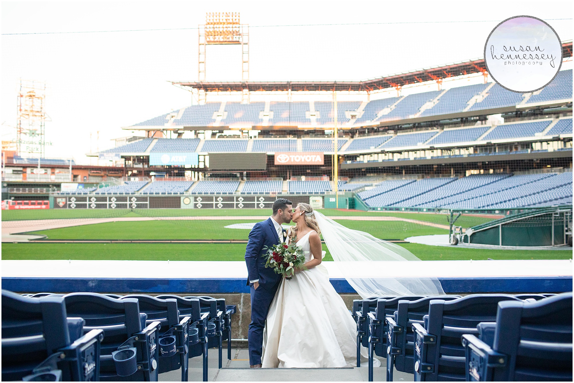Bride and groom at Citizens Bank Park in Philadelphia.