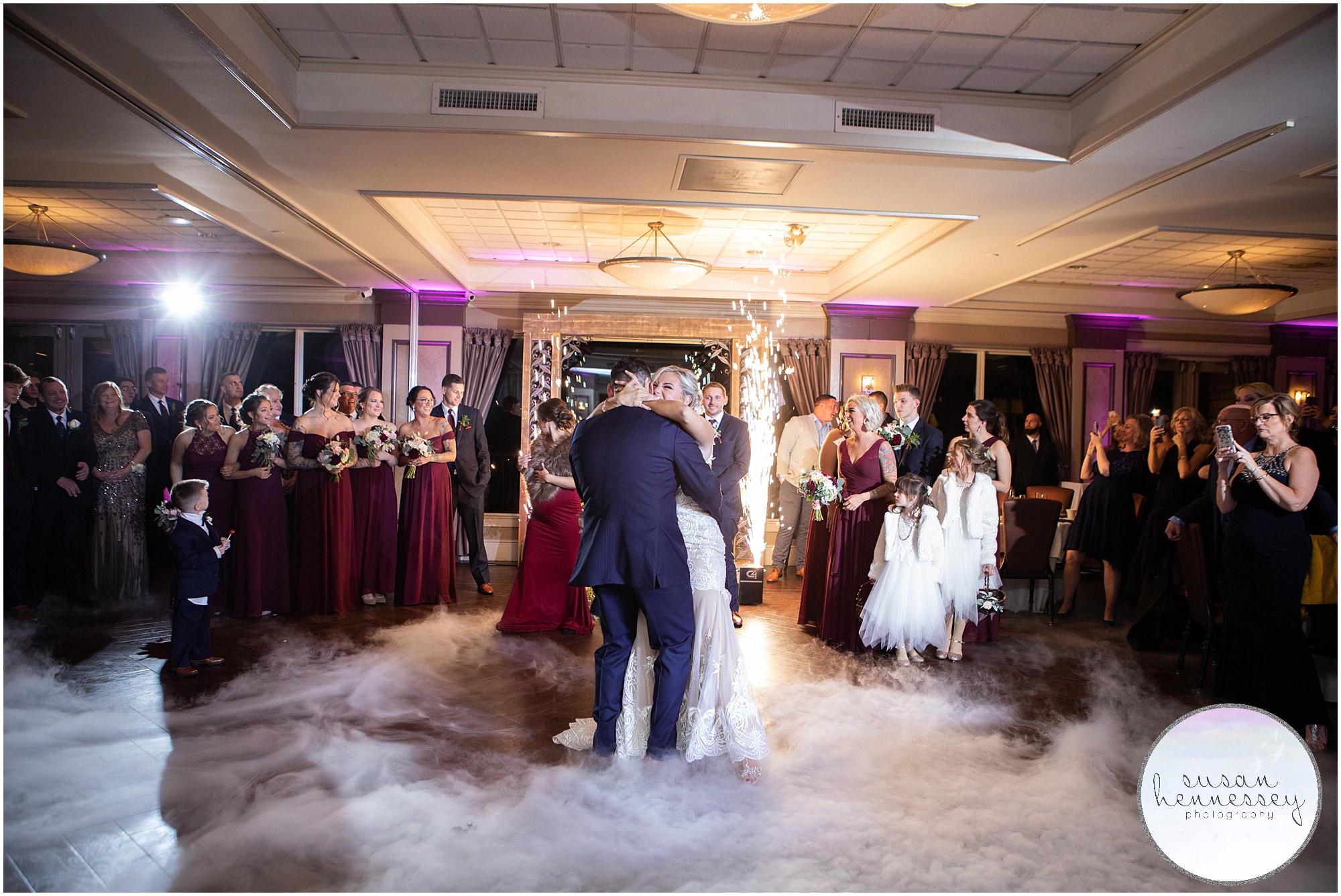 A couple dances on the clouds for their first dance. 