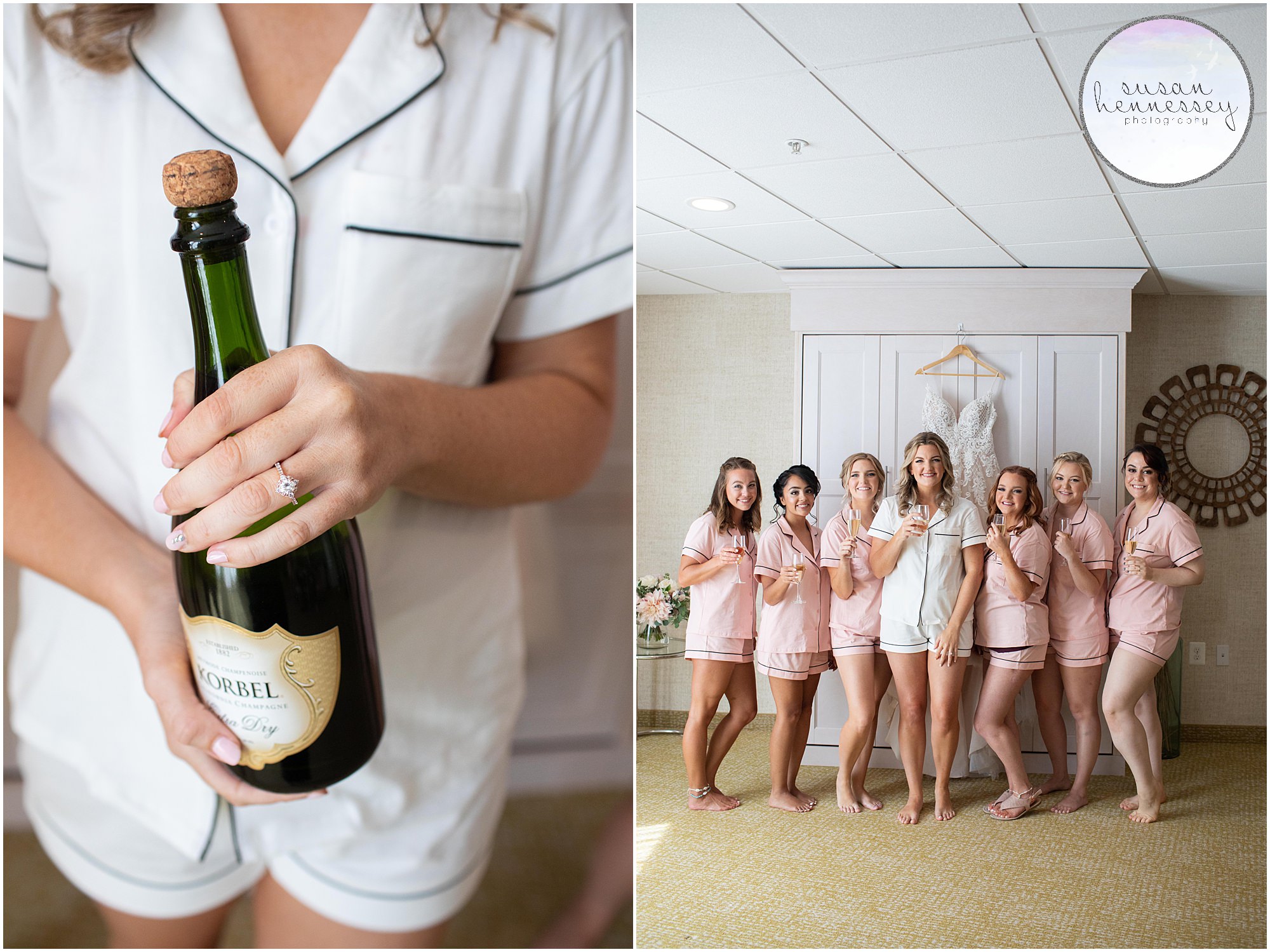 Bride and bridesmaids drink champagne on wedding day.