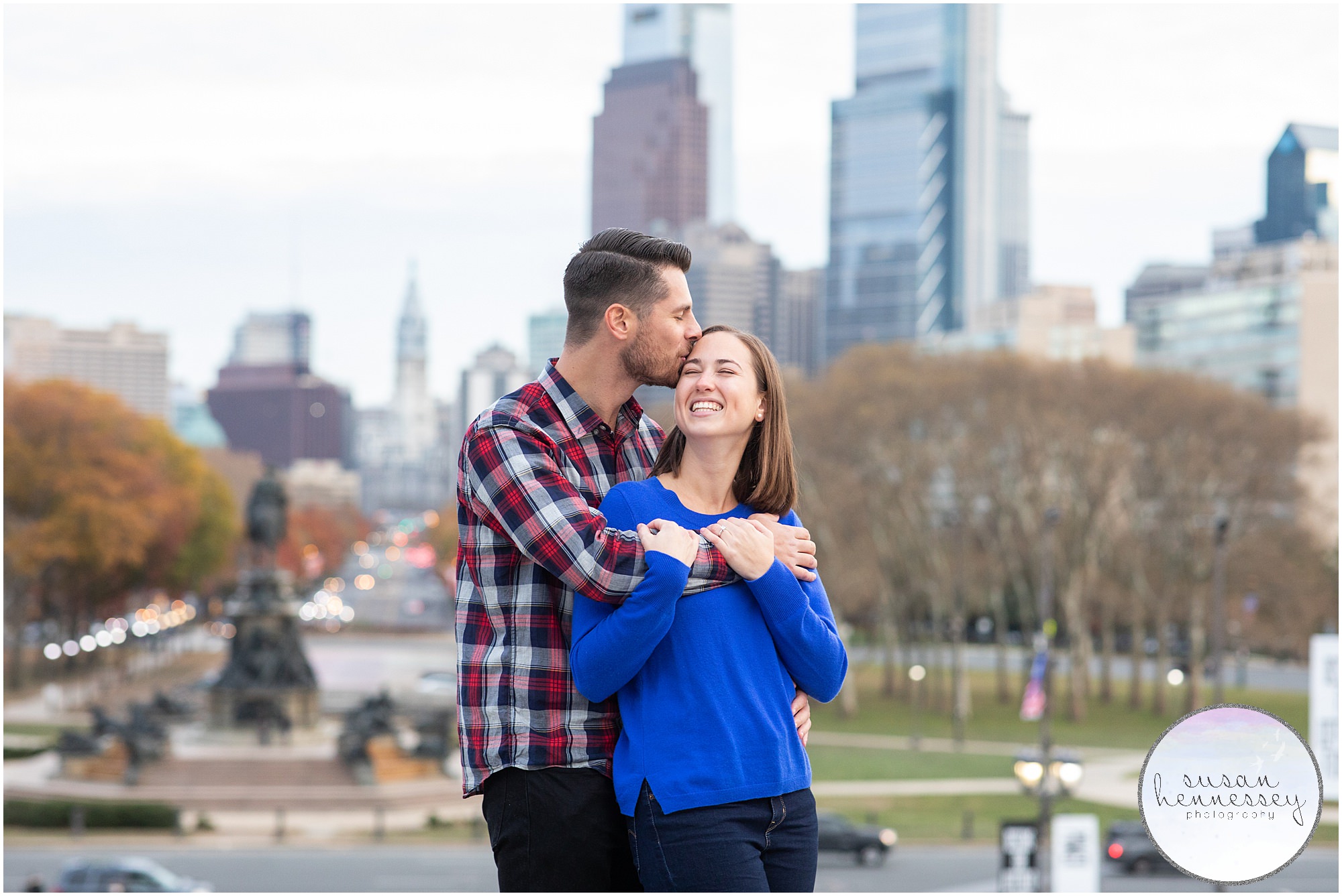 Engagement session at the top of the Art Museum stairs