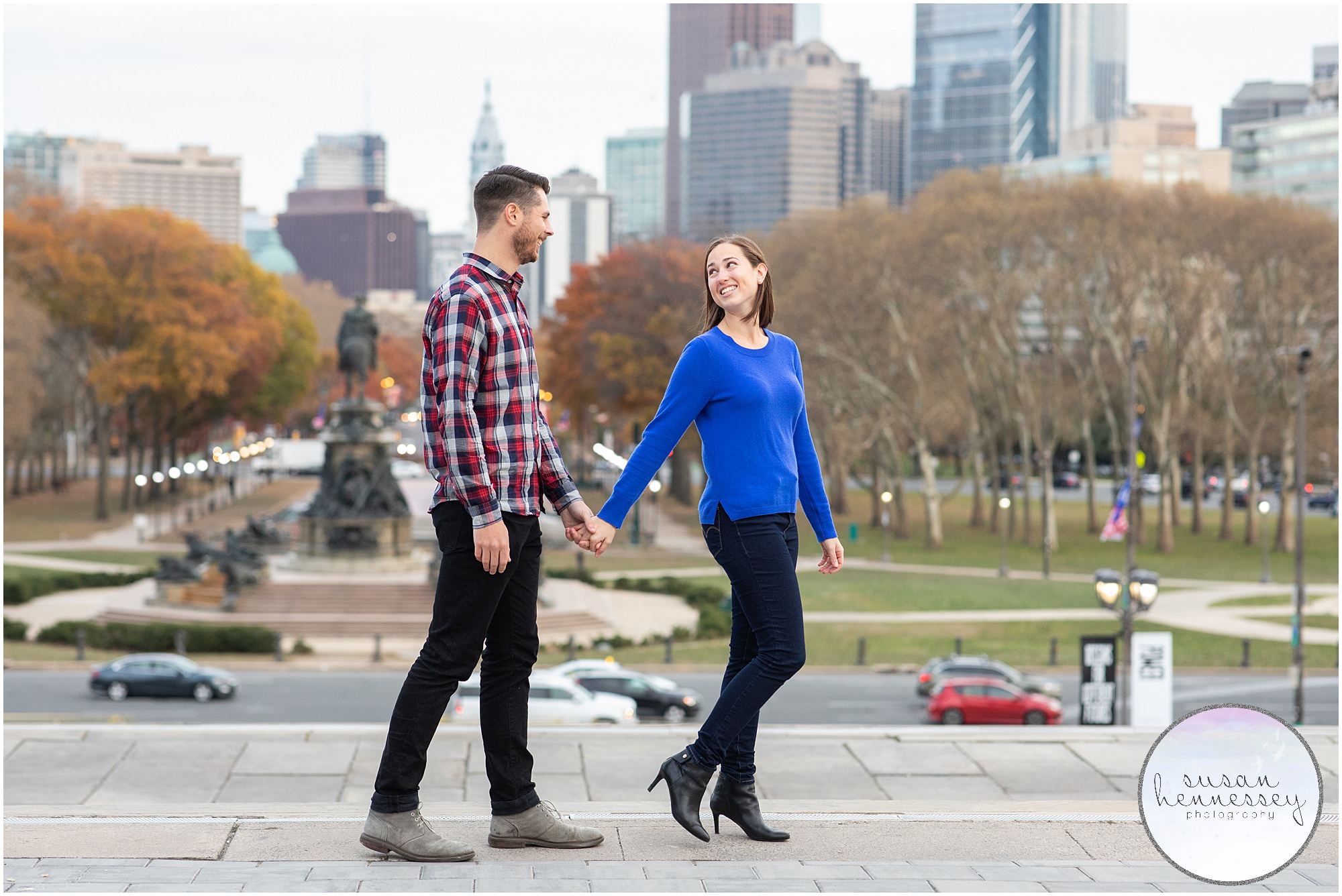 Engagement session at the top of the Art Museum stairs in Philadelphia