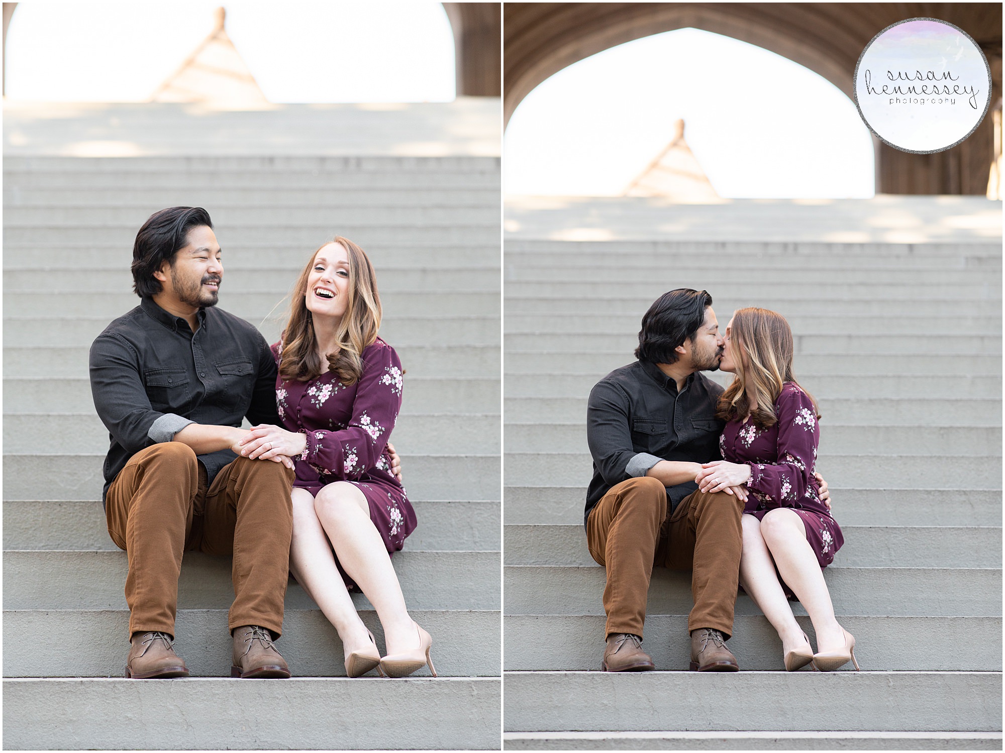 An engaged couple sits on the stairs at Princeton University