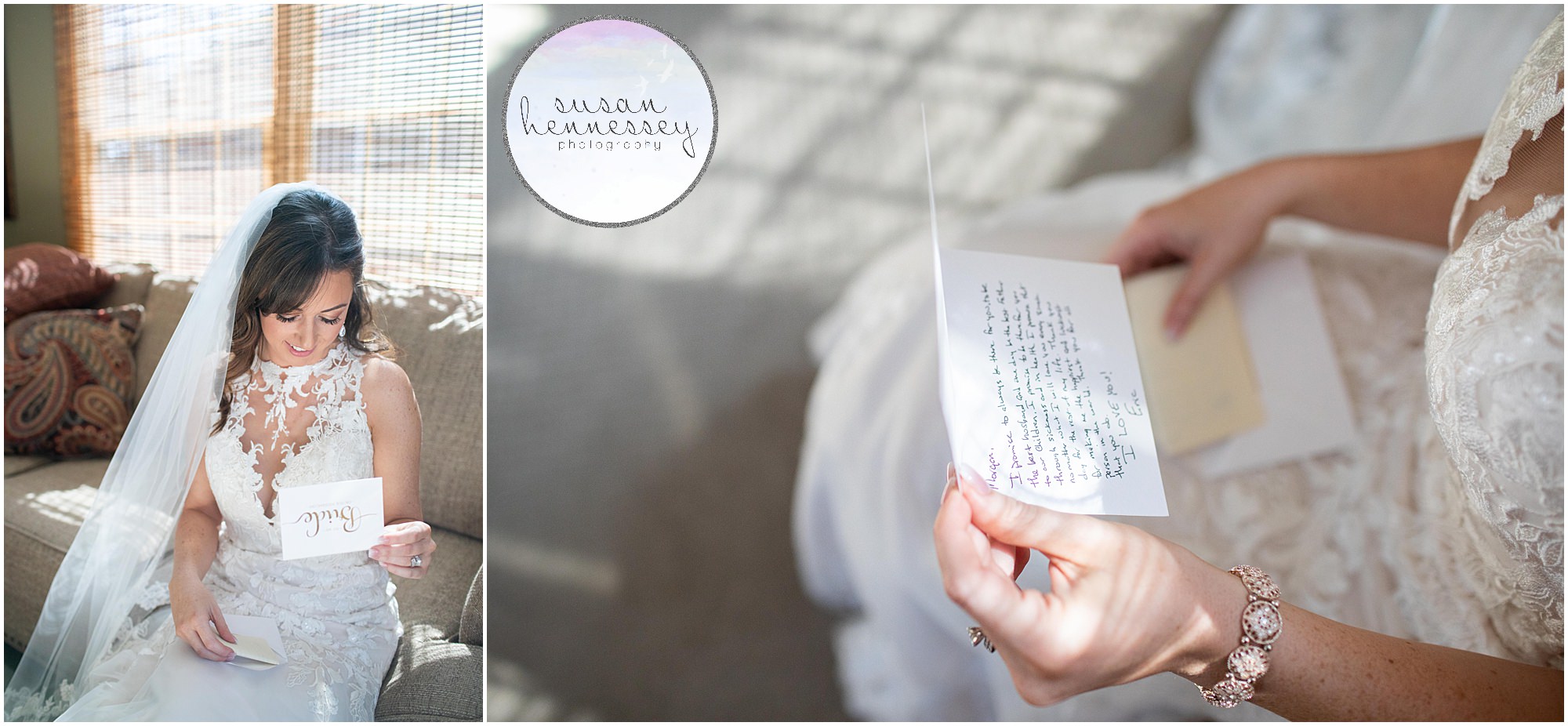 A bride reads a handwritten letter from the groom