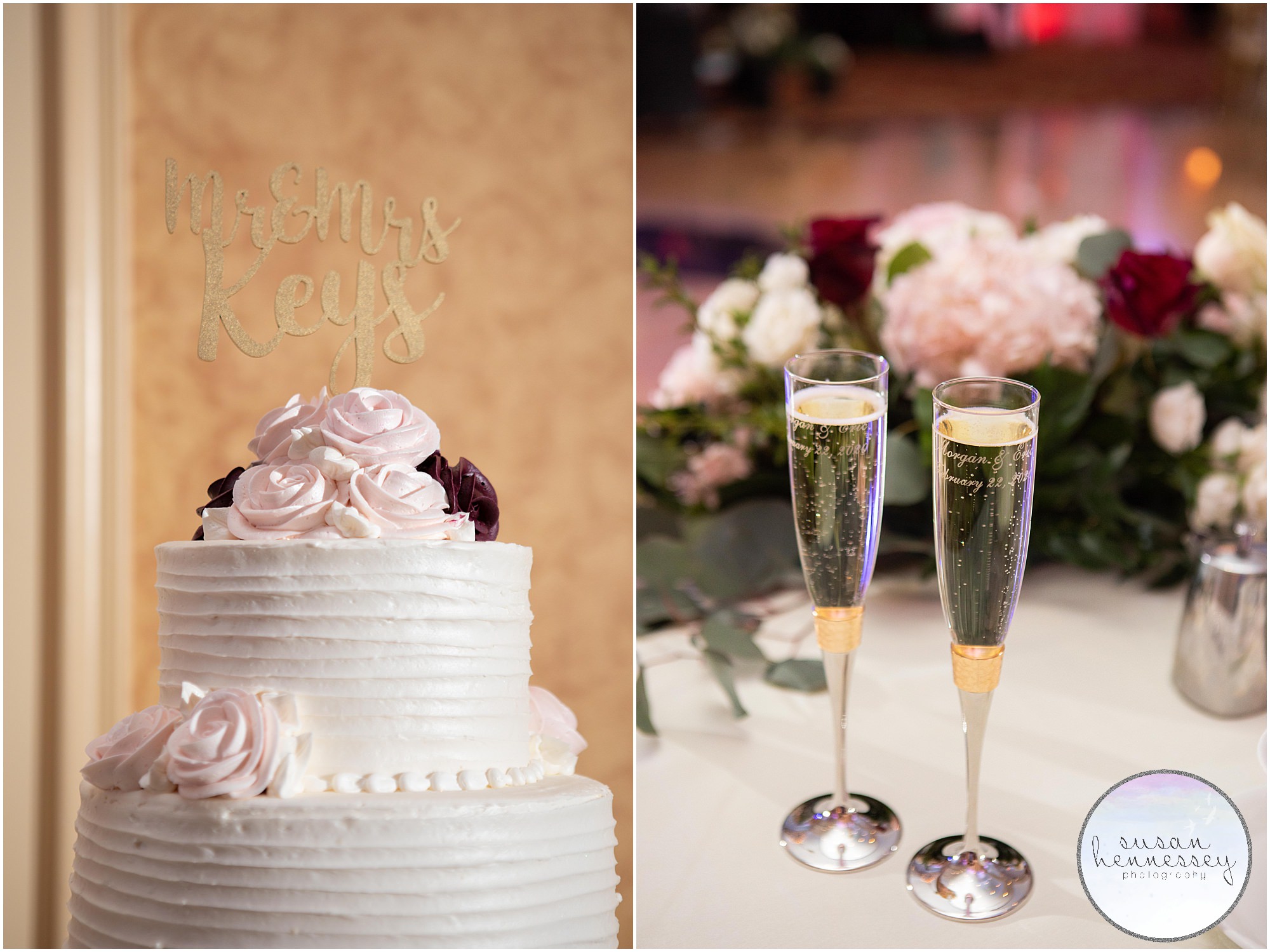 Cake topper and champagne glass details at the Merion wedding reception